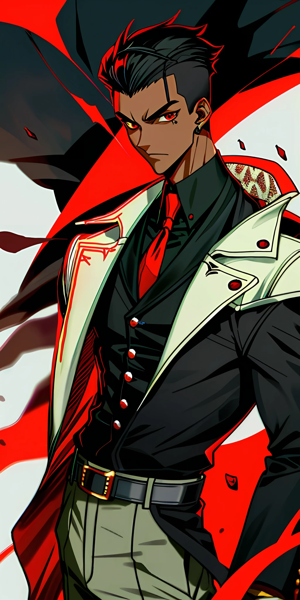 1boy, dark skin, short hair, shaved side, coat, red eye