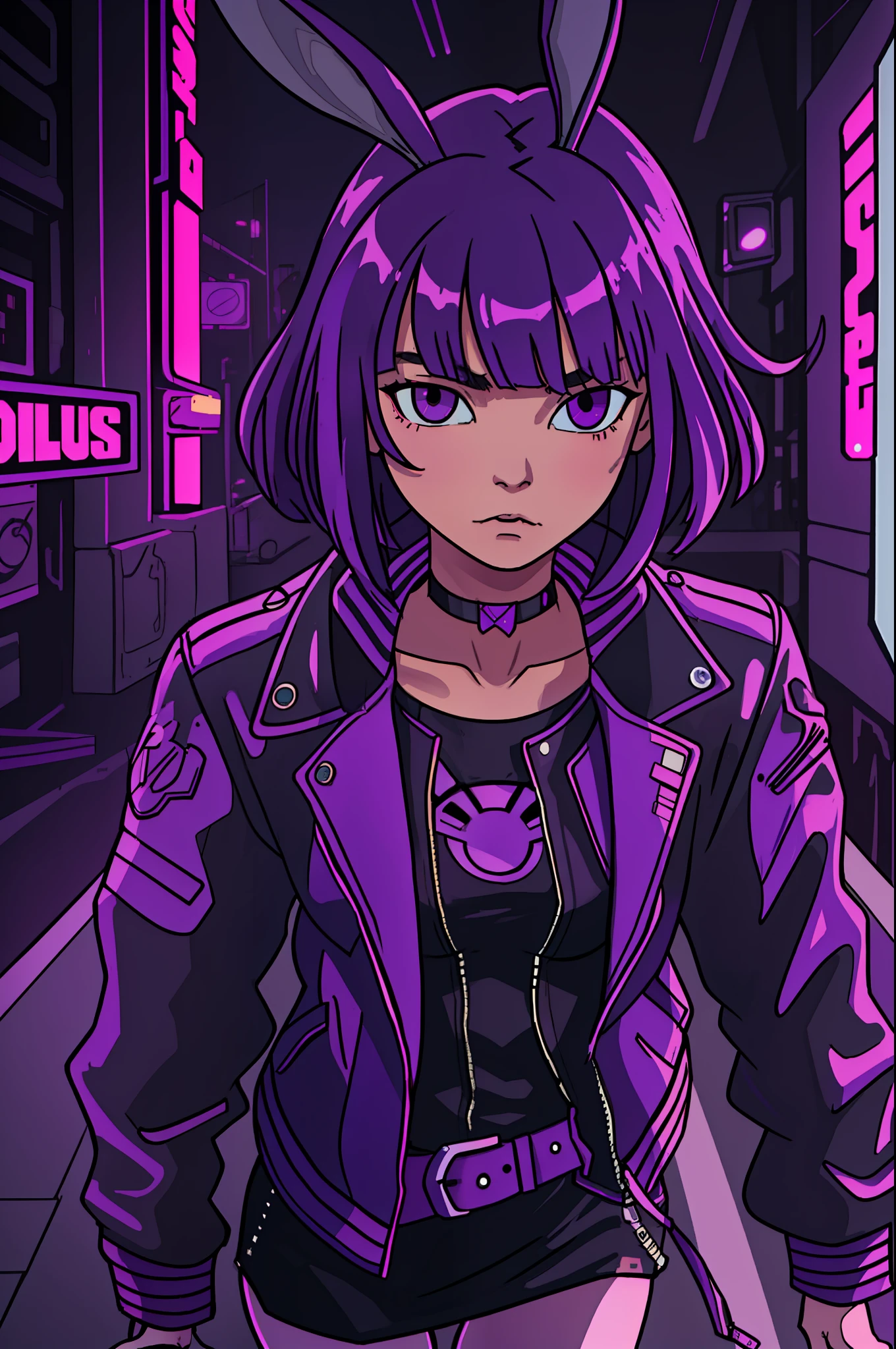 a waist-length portrait of a punk girl in a leather jacket, bob hairstyle, choker, cyberpunk bunny girl with a leather jacket and purple bunny ears, purple bangs long hair intricate, highly detailed, cinematic composition, cinematic lighting, hyperdetailed, (moebius art style:1.2)