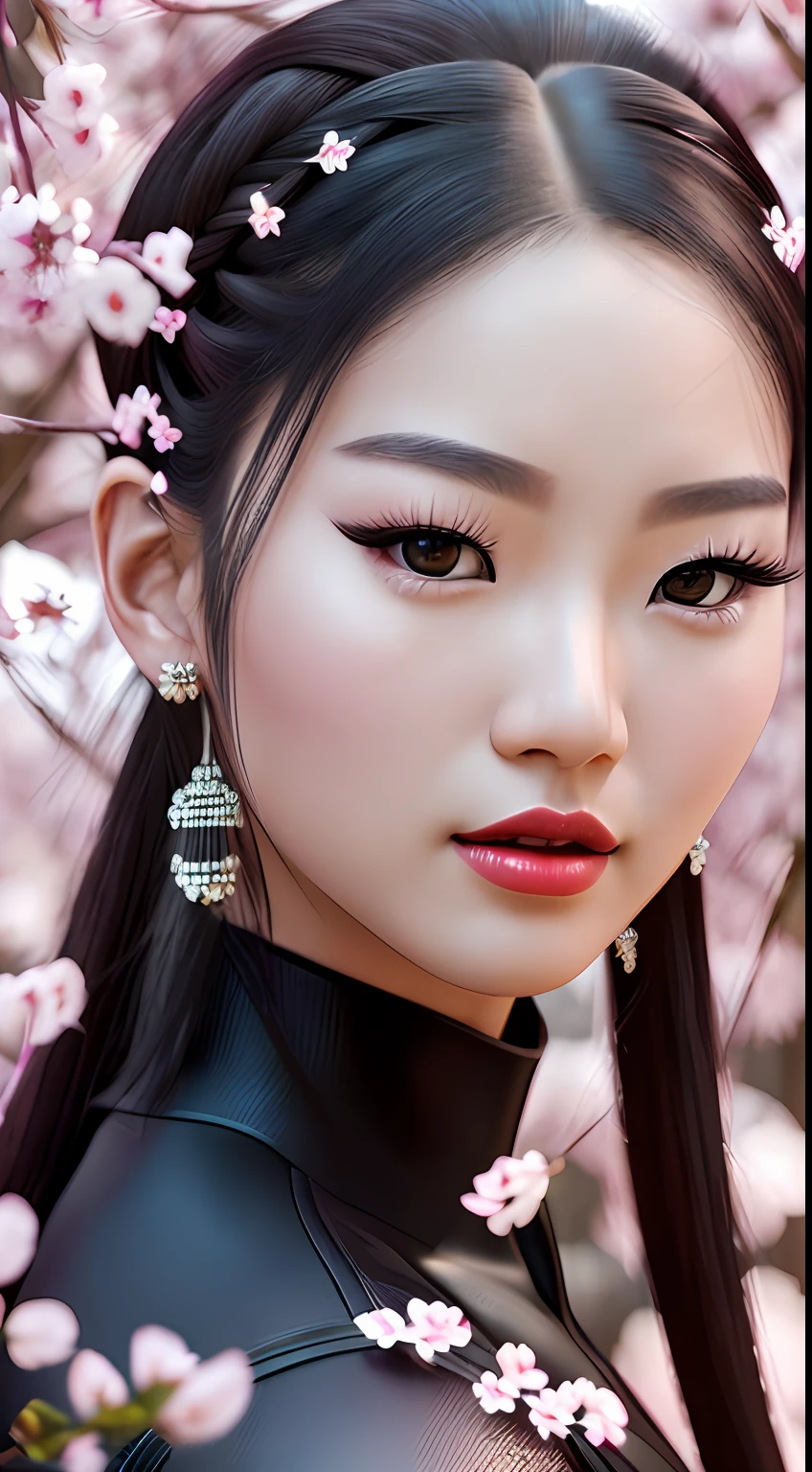 Hyperrealistic portrait of a stunning Korean kpop idol with a white braided ponytail, full sleeve tattoo, and red lips, wearing a tight all-black sleeveless body suit amidst a breathtaking cherry blossom landscape. Canon R5, 200mm lens, sharp focus, and shot in RAW format. The photograph showcases an intricate, and highly detailed face in 8k HD quality. ((8k, RAW photo, highest quality, masterpiece), High detail RAW color photo professional photo, (realistic, photorealism:1. 5), (highest quality), (best shadow), (best illustration), ultra high resolution, highly detailed CG unified 8K wallpapers, physics-based rendering, photo, realistic, photorealism, high contrast, photorealistic digital art trending on Artstation 8k HD high definition detailed realistic, detailed, skin texture, hyper detailed, realistic skin texture, armature, ultra high res, (photorealistic:1. 4), high resolution, detailed, raw, photorealistic, cinematic lighting, photorealistic, realism, masterpiece, best quality --auto --s2