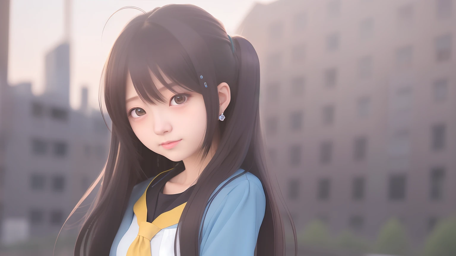 anime girl with long hair and a blue shirt and a yellow tie, kawaii realistic portrait, smooth anime cg art, anime moe artstyle, anime visual of a cute girl, cute anime girl portrait, portrait anime girl, cute anime girl, portrait of an anime girl, close up of a young anime girl, visual novel cg, portrait of cute anime girl