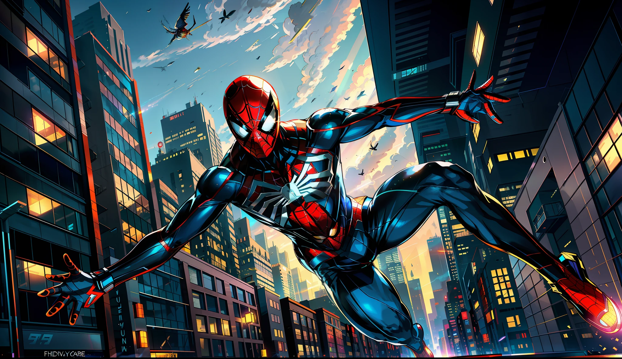 Spider-Man Parallel Universe, Multiple Identities, Thrilling Adventure, Exciting, Dynamic Layout, Layered, Visual Impact, Dynamic Perspective Layout, Diagonal Guide Line, Symmetrical Composition, High Overhead View, Subduction Perspective, Backlit Angle, Low Angle Elevation, High Speed Impact Angle, Tracking Follow View, Dynamic Light and Shadow, Mysterious Lighting, Dramatic Lighting, Digital Painting, Creative Illustration, CG Art, High-rise Building, Urban Labyrinth, Parallel Reality, Contrast, Saturated Colors, Alternating Cold and Warm, Contrasting Warm and Cold Tones, Vivid and bright primary colors, gradient color flow, HD details, realistic effects, exquisite graphics, high-precision texture mapping, realistic and fine detail depiction, realistic character skin texture, heroic style, surreal style, unique look, light and shadow rendering, material mapping, realistic effect, motion shutter, tracking shot, dramatic composition, metal texture, fabric texture, reflective material, urban modern, bustling city, futuristic technology, superb craftsmanship, visual shock, amazing details, anime cartoon, cute elements, bright colors, hanging in the air, catapult jump, battle stance, skyline blur, building complex, new york metropolis, hd detail, realistic effect, ultra-fine picture, realistic effect, realistic presentation, immersive, contrasting warm and cold tones, vivid primary colors, gradient color flow, dynamic light and shadow rendering, realistic ray casting, refraction effect of transparent objects, large background near and far levels, local depth of field effect, perspective of multiple objects superimposed, fast motion blur effect, dynamic pose freeze effect, Motion trajectory afterimage, high-precision texture mapping, realistic and detailed depiction, realistic character skin texture, clear and prominent subject, faint blur of secondary elements, light and shadow processing of focus points, clear contrast between dark and bright parts, highlight of speci