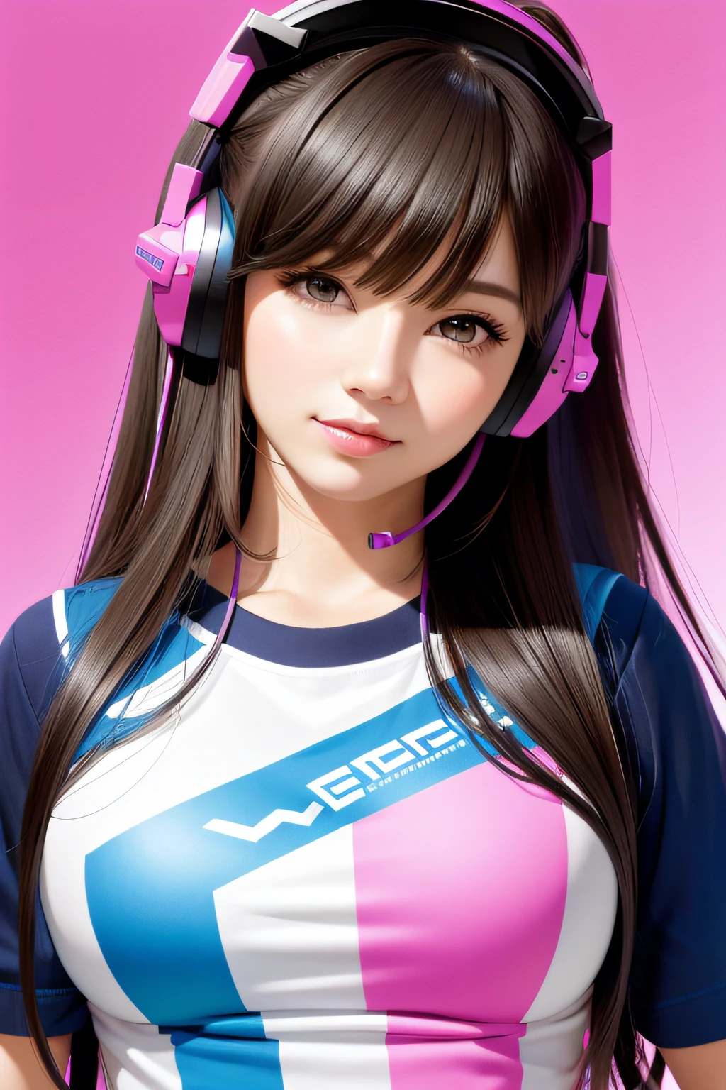 (best quality, masterpiece:1.1), (realistic:1.4), 1girl, portrait, (corneo_dva), black hair, large breasts, gamer shirt, headset