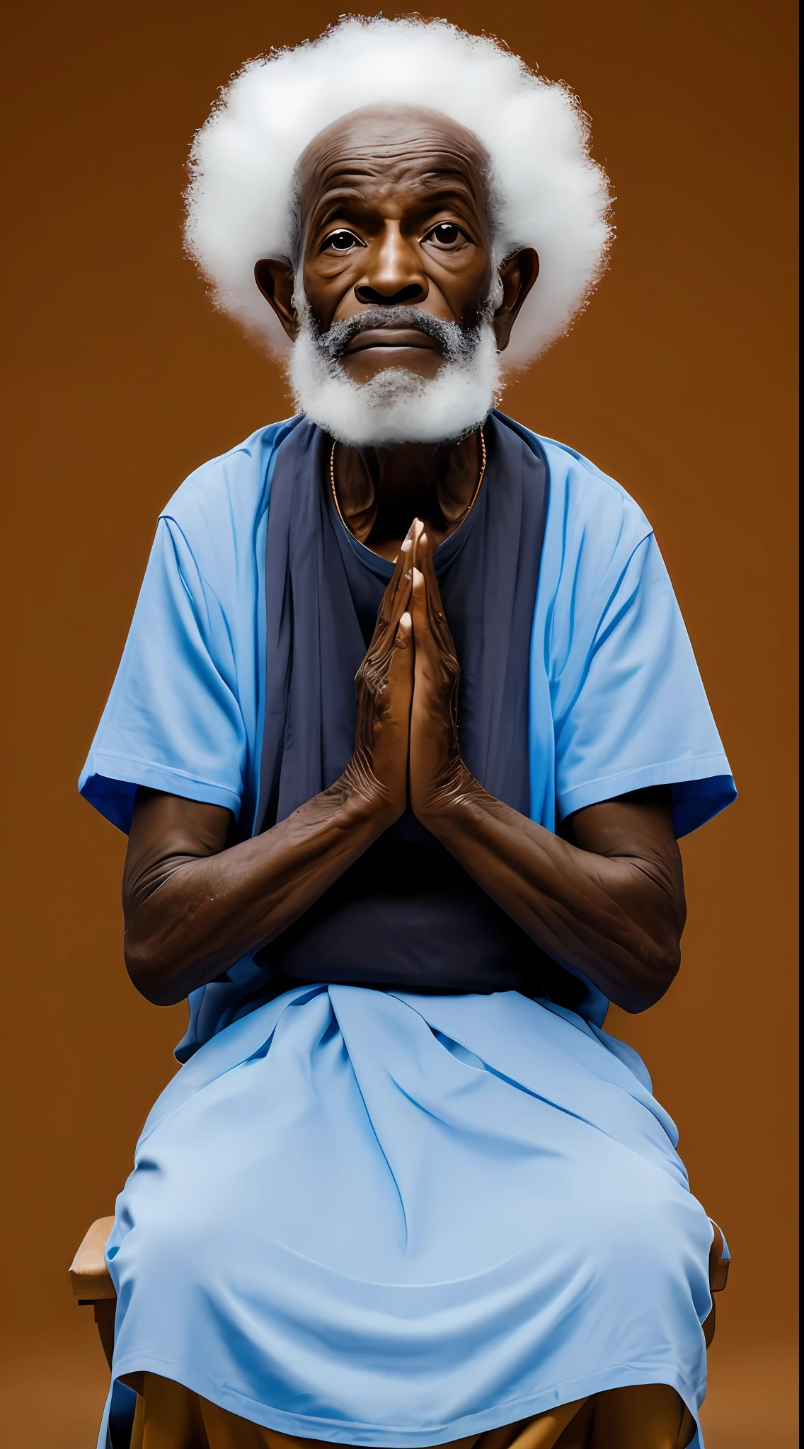 Old man of 70 years, of brown skin color, sitting meditating with big eyes and open bright blue, beard and hair white and large