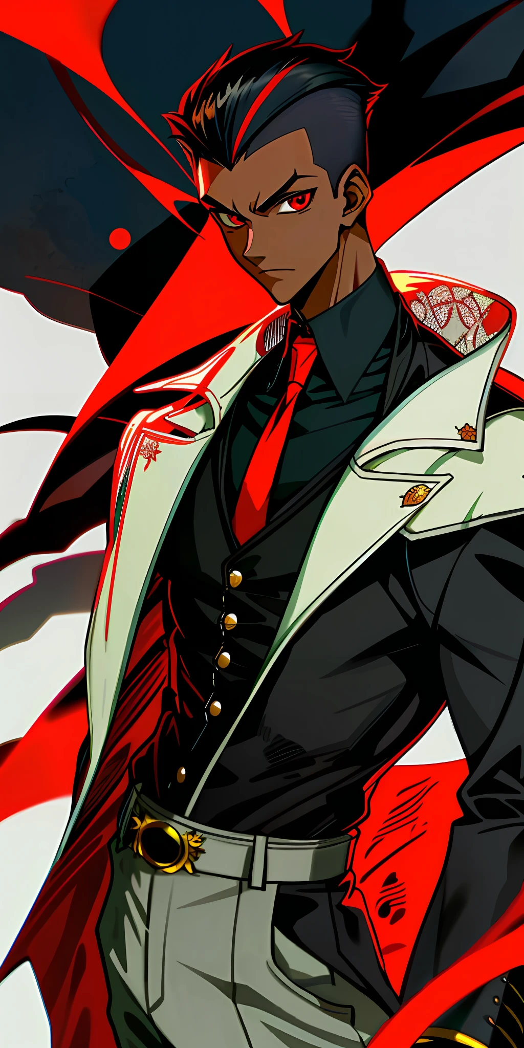 1boy, dark skin, short hair, shaved side, coat, red eye