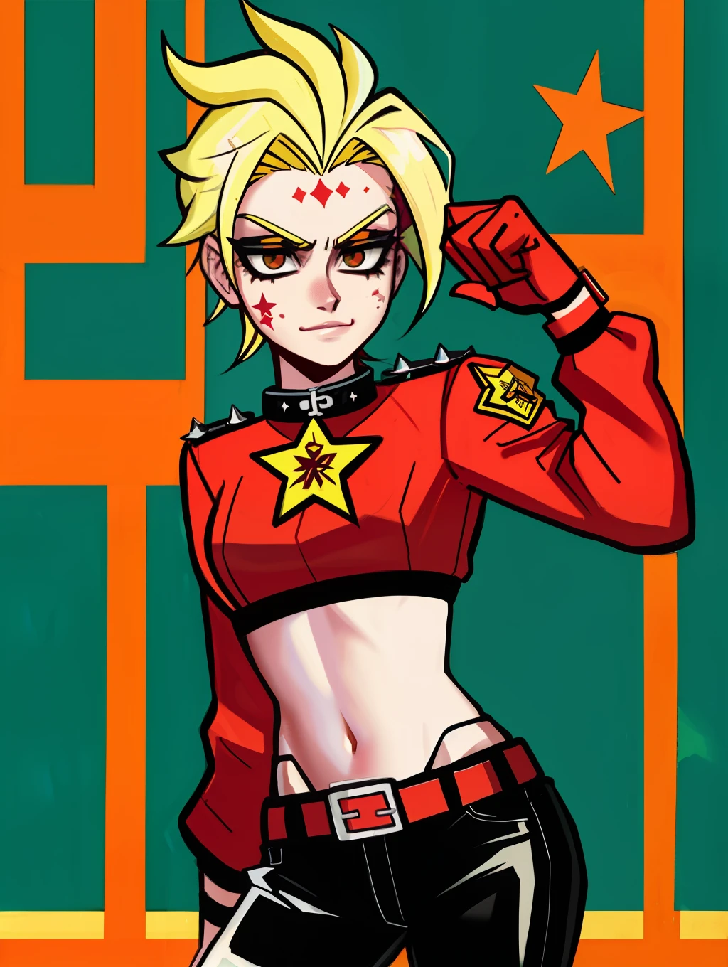 octobriana, blonde rebellious punk woman with a red star tattoo on her forehead, communist heroine, grunge aesthetic, punk rock, wearing snake leather trousers