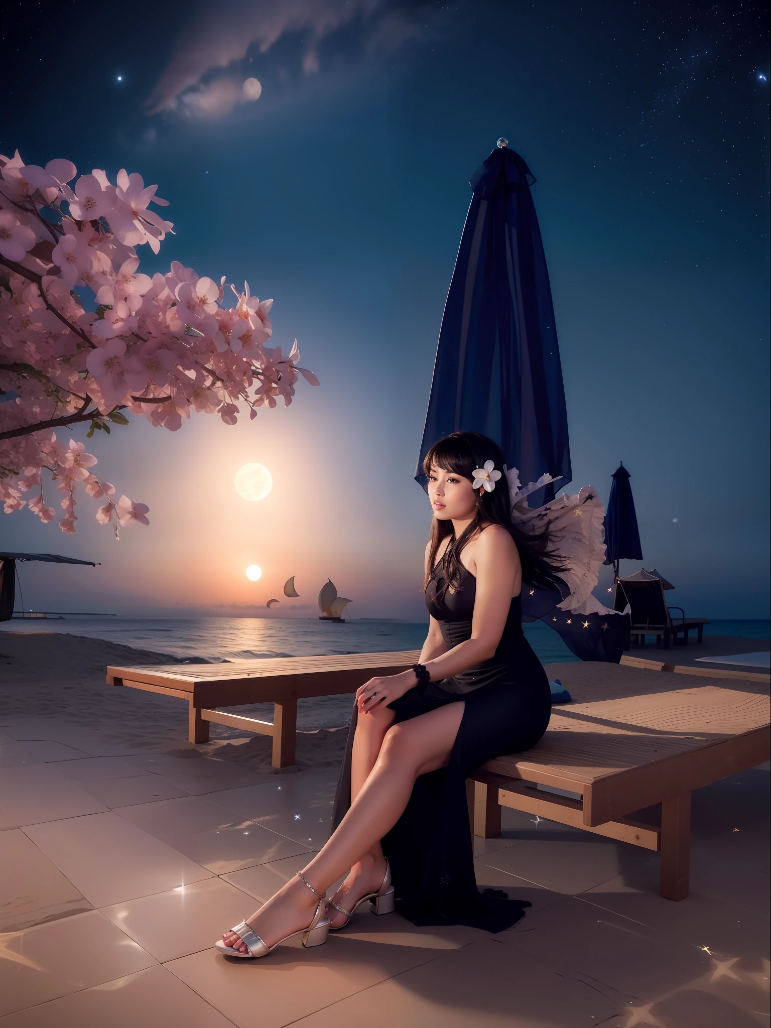 Starry night at beach, moon light, ultra detailed beautiful legs, ultra detailed beautiful toes, ultra detailed beautiful hands, ultra detailed beautiful face with side view, ultra detailed beautiful eyes, beautiful girl, wearing middle high heels