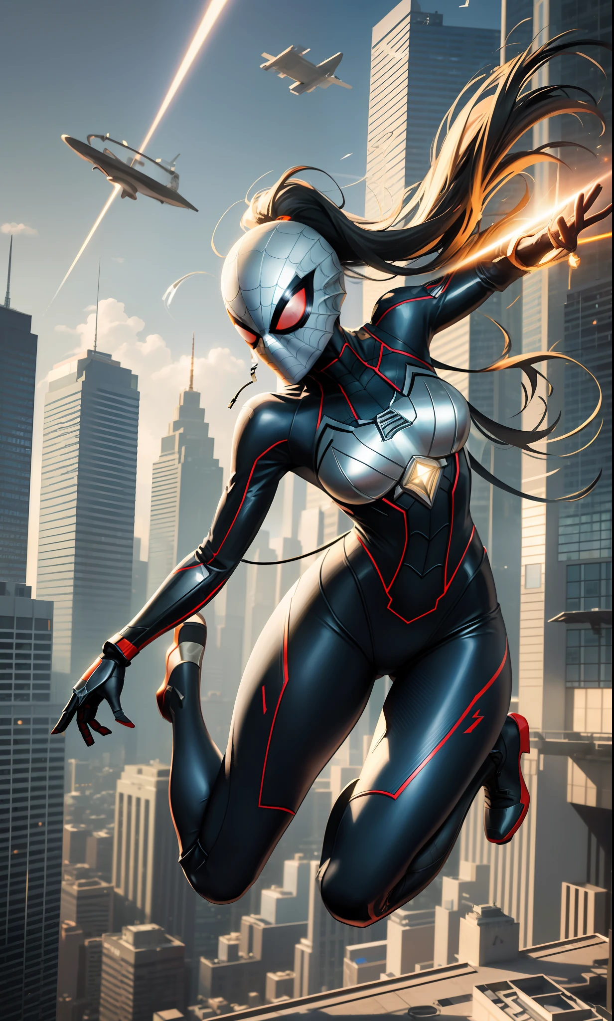 Spider-Man Parallel Universe, Multiple Identities, Thrilling Adventure, Exciting, Dynamic Layout, Layered, Visual Impact, Dynamic Perspective Layout, Diagonal Guide Line, Symmetrical Composition, High Overhead View, Subduction Perspective, Backlit Angle, Low Angle Elevation, High Speed Impact Angle, Tracking Follow View, Dynamic Light and Shadow, Mysterious Lighting, Dramatic Lighting, Digital Painting, Creative Illustration, CG Art, High-rise Building, Urban Labyrinth, Parallel Reality, Contrast, Saturated Colors, Alternating Cold and Warm, Contrasting Warm and Cold Tones, Vivid and bright primary colors, gradient color flow, HD details, realistic effects, exquisite graphics, high-precision texture mapping, realistic and fine detail depiction, realistic character skin texture, heroic style, surreal style, unique look, light and shadow rendering, material mapping, realistic effect, motion shutter, tracking shot, dramatic composition, metal texture, fabric texture, reflective material, urban modern, bustling city, futuristic technology, superb craftsmanship, visual shock, amazing details, anime cartoon, cute elements, bright colors, hanging in the air, catapult jump, battle stance, skyline blur, building complex, new york metropolis, hd detail, realistic effect, ultra-fine picture, realistic effect, realistic presentation, immersive, contrasting warm and cold tones, vivid primary colors, gradient color flow, dynamic light and shadow rendering, realistic ray casting, refraction effect of transparent objects, large background near and far levels, local depth of field effect, perspective of multiple objects superimposed, fast motion blur effect, dynamic pose freeze effect, Afterimage of motion trajectory, High-precision texture mapping, Realistic and fine detail depiction, Realistic character skin texture, Clear and prominent subjects, Faint blur of minor elements, Light and shadow processing of focus points, Clear contrast between dark and bright parts, Highlight of sp