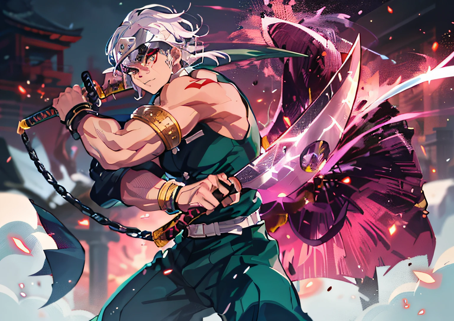 A shinobi standing on a rooftop wielding 2 blades, 1guy, demon slayer, tengen uzui, shinobi, anime, ultra detailed, beautiful body, detailed clothes, good physique, detailed background, white hair, sword, running, chain, 1guy, solo, fullbody, perfect details, good anatomy, ((tengen dual nichirin sword:0,8)), the sword from the reference image