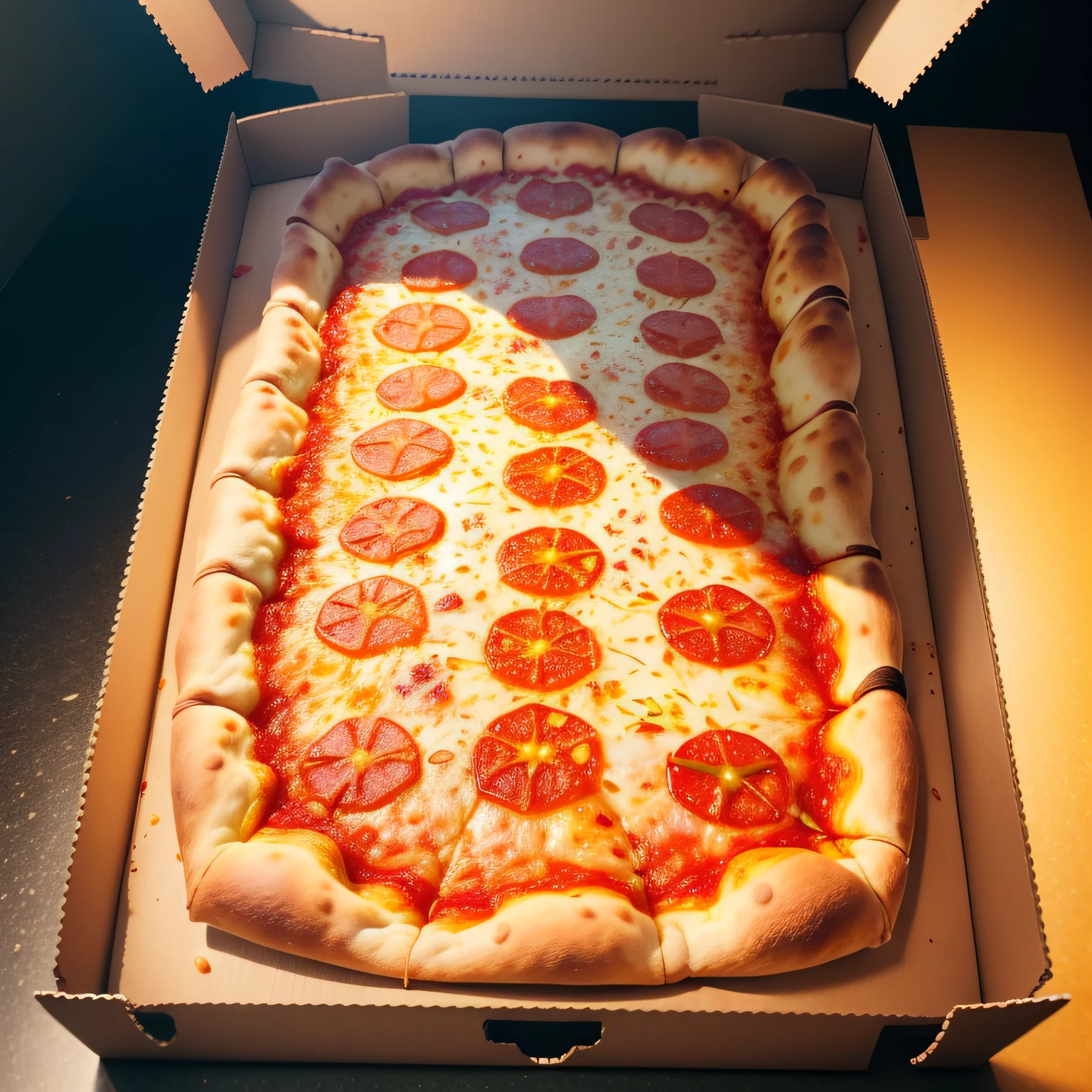 There is a large rectangular pizza with different toppings on it, pizza on a table, pizza has a large cornicione, commercial 4K food, very tasty, Italian pizza, easy go, multi-layer, pizza to hut, on a dark background, Pizza Cosmos, Pie pizza, pizza, a wide full shot, Super high resolution