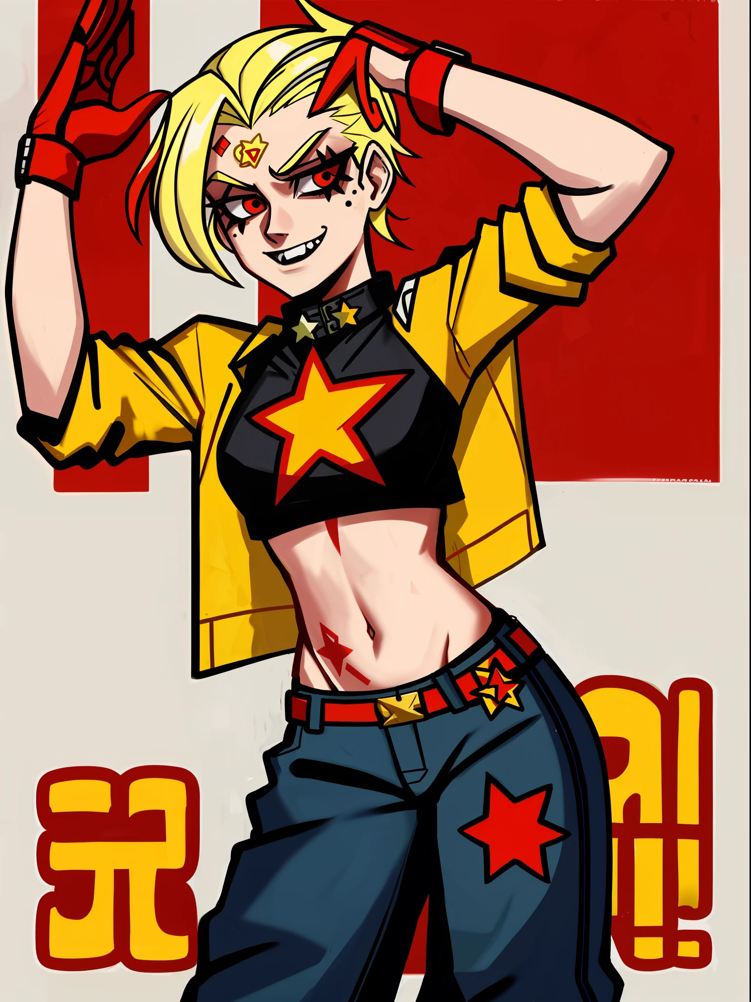 octobriana, blonde rebellious punk woman with a red star tattoo on her forehead, communist heroine, grunge aesthetic, punk rock, wearing snake trousers