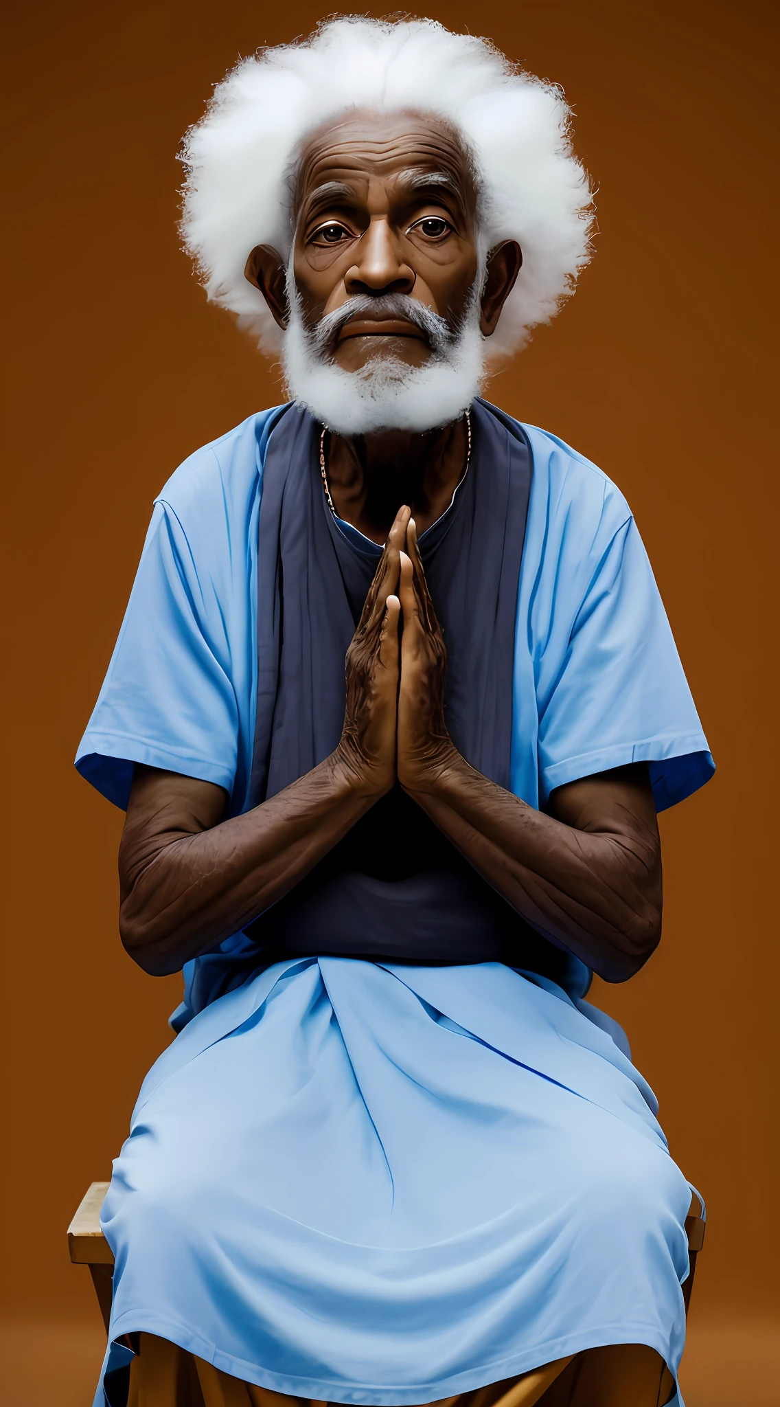white haired man and beard sitting in a chair of ,bright blue big eyes , photo portrait of an old man, by Alison Geissler, by William Berra, by Robert Jacobsen, by Harvey Pratt, by Barkley Hendricks, monk portrait, portrait of an old and wise Indian guru, holy man looking at the ground, portrait of an old image,  absolutely remarkable