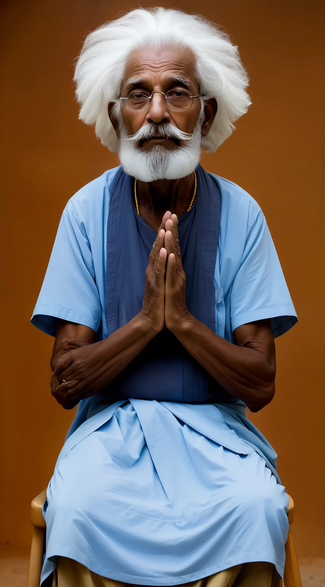 arafed man with white hair and a beard sitting on a chair, portrait photo of an old man, by Alison Geissler, by William Berra, by Robert Jacobsen, by Barkley Hendricks, by Harvey Pratt, portrait of monk, portrait of a old, wise old indian guru, holy man looking at ground, portrait of an old, absolutely outstanding image
