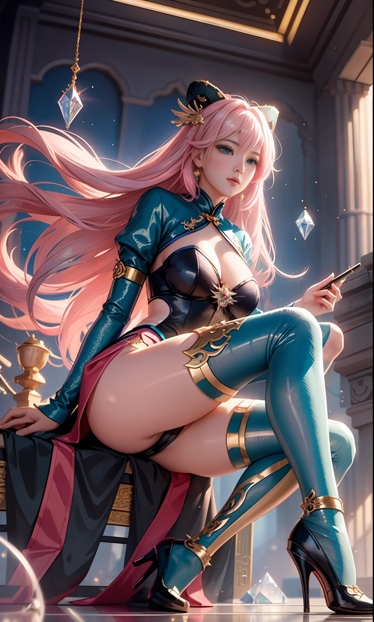 There is an anime girl with white pink gradient hair in the palace, like Artgerm's perfect CG artwork on ArtStation Pixiv, or digital animation art created by Guvez on the pixiv art site, pure lust girl, youthful vitality, beautiful face, charming, heroic, cold, European and American girl, flowing long hair, evil expression, blush, White pink gradient hair, perfect figure, plump, mature, Light blue-green big eyes, Delicate clothes, Xiaohongshu influencer pop style, watery eye color, crystal clear makeup, glitter on face, dynamic composition, elevation angle, cinematic angle, backlight angle, side angle, tilt angle, contour angle, backlight angle, soft lighting, warm light, highlight effect, digital painting, hand drawn style, dream background, pastel tones, vivid colors, high precision details, fine texture, sweet style, western style, clear rendering, realistic rendering, large aperture effect, soft focus effect, glossy material , Soft Material, Western, Shinkai Cheng Style, Fashion Magazine Illustration Style, Unique Creative Style, Natural Pose, Cute Gestures Chinese Tang Dynasty Background , Comfortable Settings, High Resolution, Clear Lines, Realistic Skin Tone, Realistic Light and Shadow Effects, Colorful Light, Ripple Refraction, Chinese Dragon, Chinese Mythology, Gorgeous Noble Clothes, Skin Texture, Super Fine Picture, Realistic, Sky Twinkle with Stars, Mist, Thick, Sexy Pose, Magic Colors, Magic Special Effects, Instagram influencer style, 8K, real skin, Wlop's masterpiece, crystal clear seawater, high-end sense, cyberpunk, miniskirt, high heels, super many mirror crystal shards, queen pose, long legs, perfect emerald green eyes, shiny black stockings worn on legs, long leg visual effect, leg line emphasis, high heels matching, away from horizontal lines, sheer enhancement, extended leg proportions, long leg pose, forward leaning posture, high waist matching, foot close-up, plantar perspective, foot curve, Foot details, foot modification, foot contact, foo