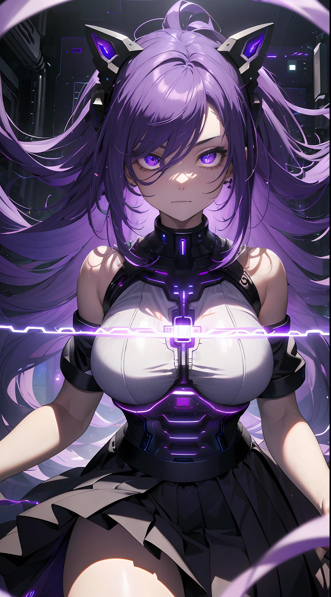 ((masterpiece)),(best purple glowing hair, violet glowing eyes, wavey hair, white shirt, black skirt, android, datastream, cables, wires, charging, digital chains, large breasts, staring at viewer , breasts close up