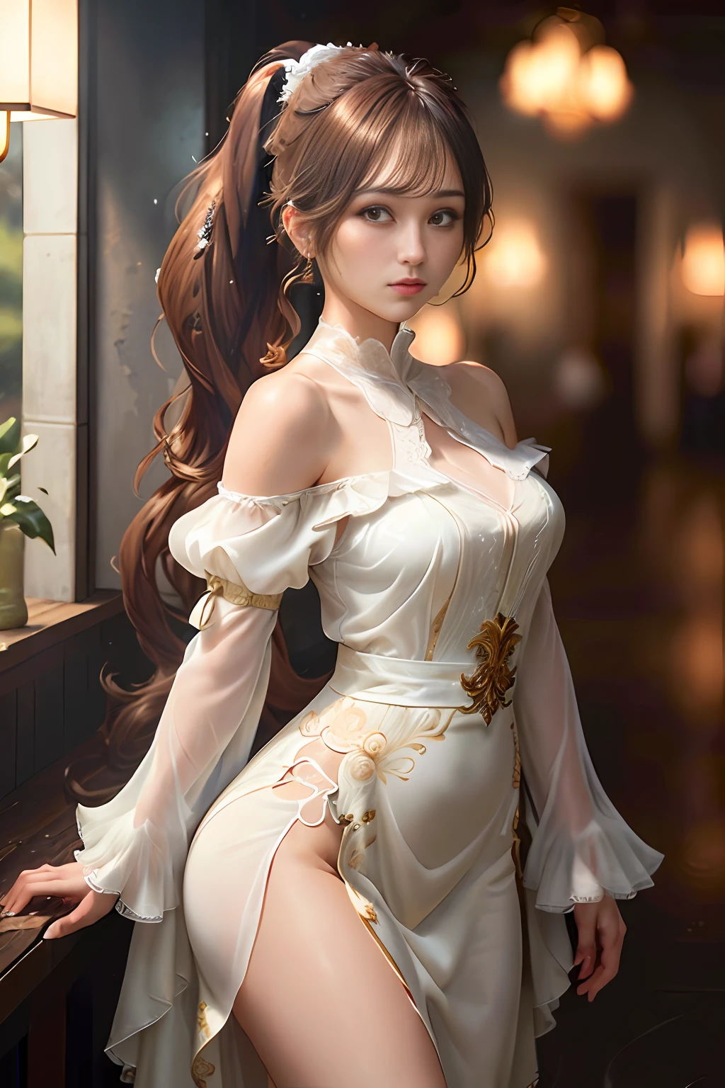 (Super Detail CG Unity 8k Wallpaper: 1.5),< (Masterpiece:1.5), (Best Quality:1.7), High Resolution Illustration, (Eye for Detail and Face of Detail:1.3), (Details:1.3, Best Quality), (Very Delicate and Beautiful), (Very Delicate and Beautiful), (Illustration), (Painting),(Masterpiece:1.5),Cinematic Light,Dynamic Angle,Floating,Sharp Focus,(2D :1.7), (Best Quality:1.3),(Illustration:1.1),((Ponytail Long Hair:1.2),(Beautiful Detail Eyes:1.1),(Cinematic Light:1.1),Wearing long sexy wet dress, wet body, wet shoulders, wet,