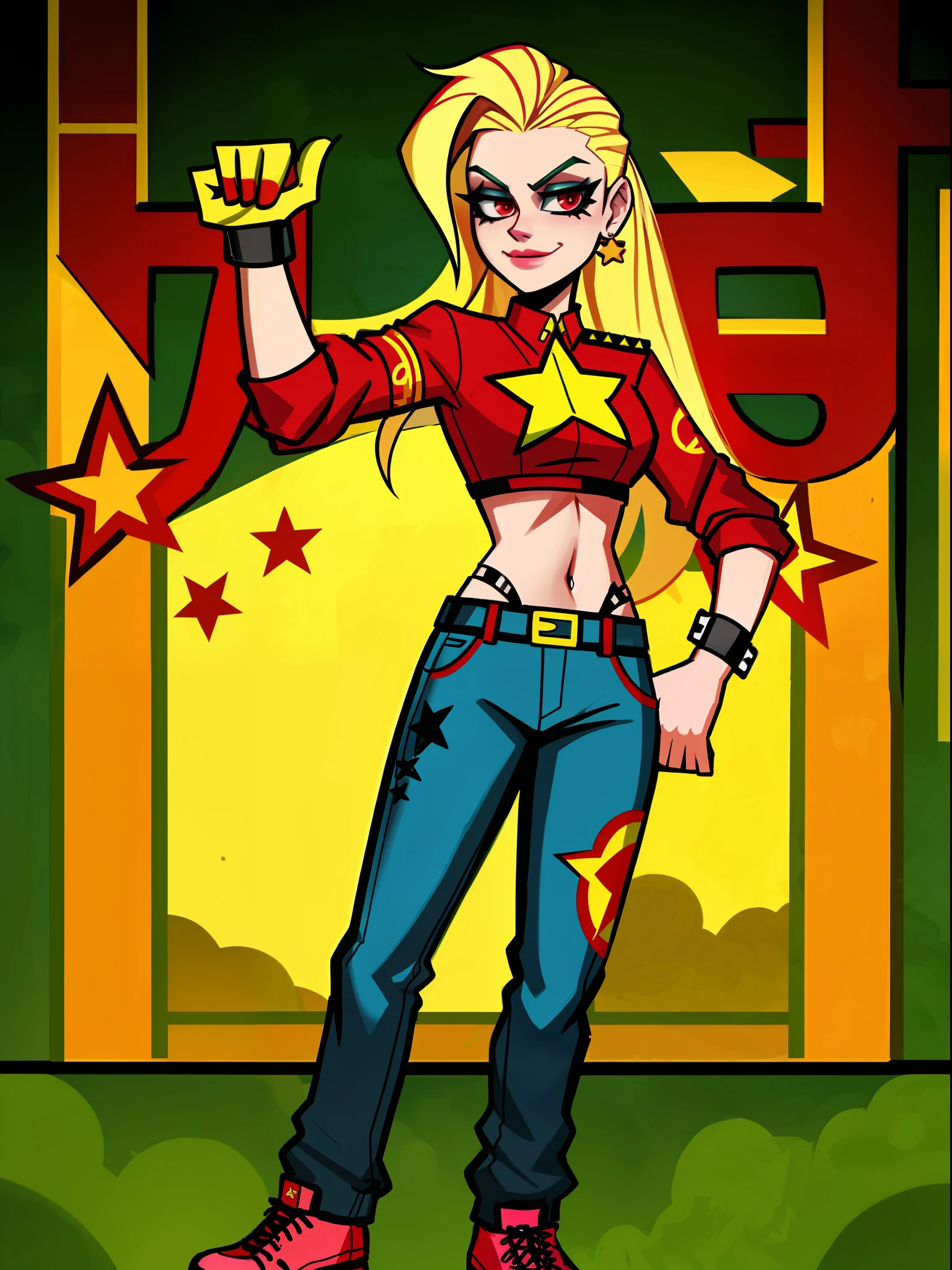 octobriana, blonde rebellious punk woman with a red star tattoo on her forehead, communist heroine, grunge aesthetic, punk rock, wearing snake trousers, animation character, character illustration, glen keane, lisa keane, realistic, disney style character, detailed, digital art, 4k, ultra hd