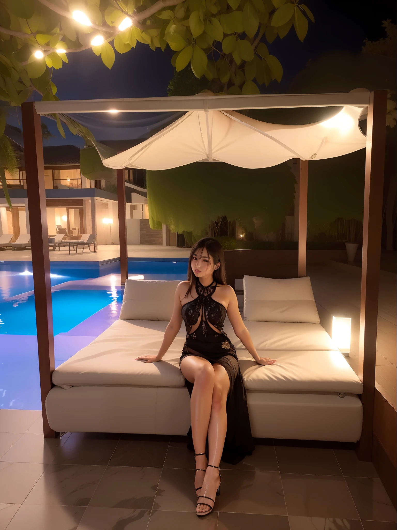 Beautiful girl sit in sofa at pool side , moon light, ultra detailed beautiful legs, ultra detailed beautiful toes, ultra detailed beautiful hands, ultra detailed beautiful face, ultra detailed beautiful eyes, beautiful girl, wearing middle high heels