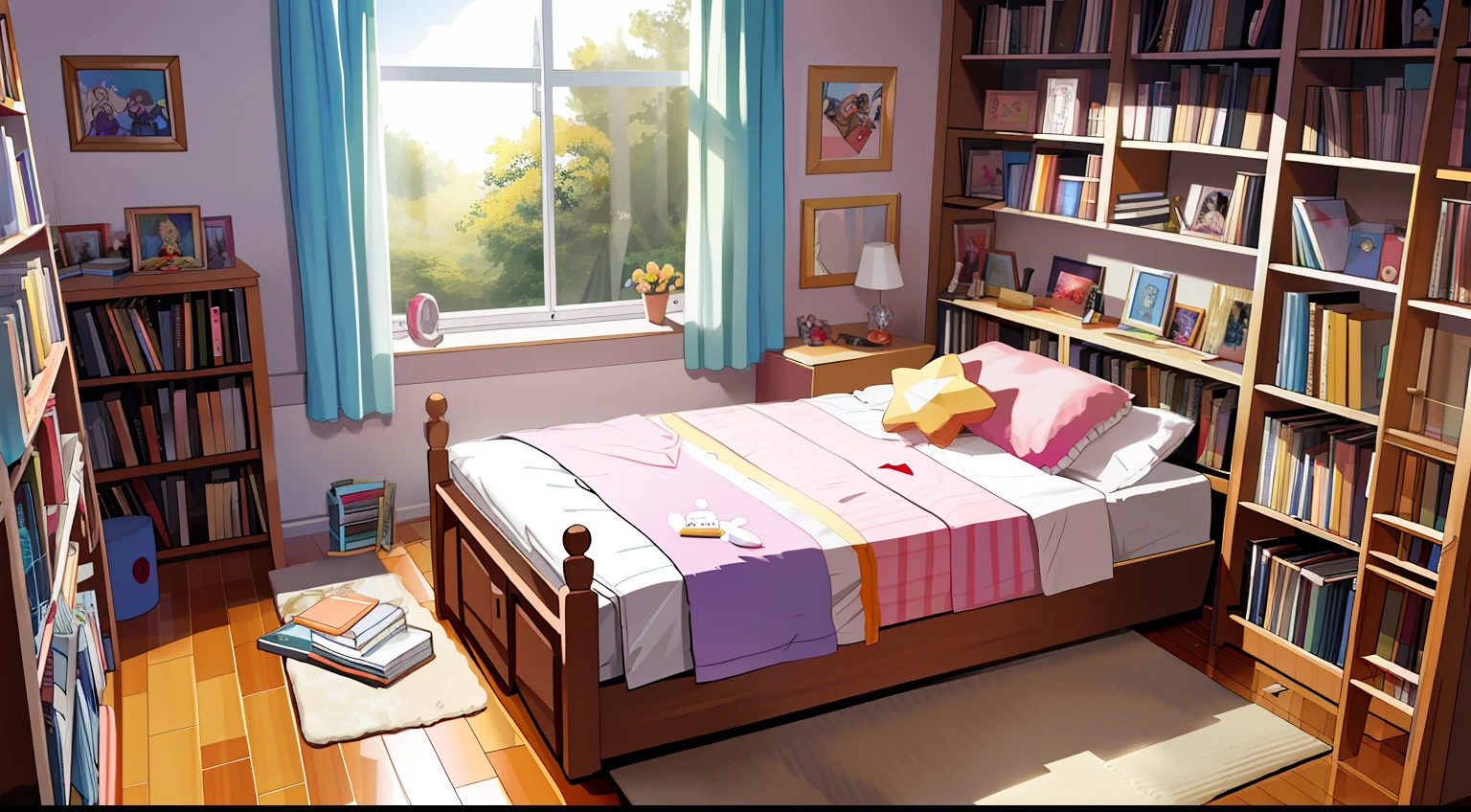 messy room, bookcase, bed, masterpieces, HD, high quality, highres, high quality, high details, masterpiece, anime style, anime