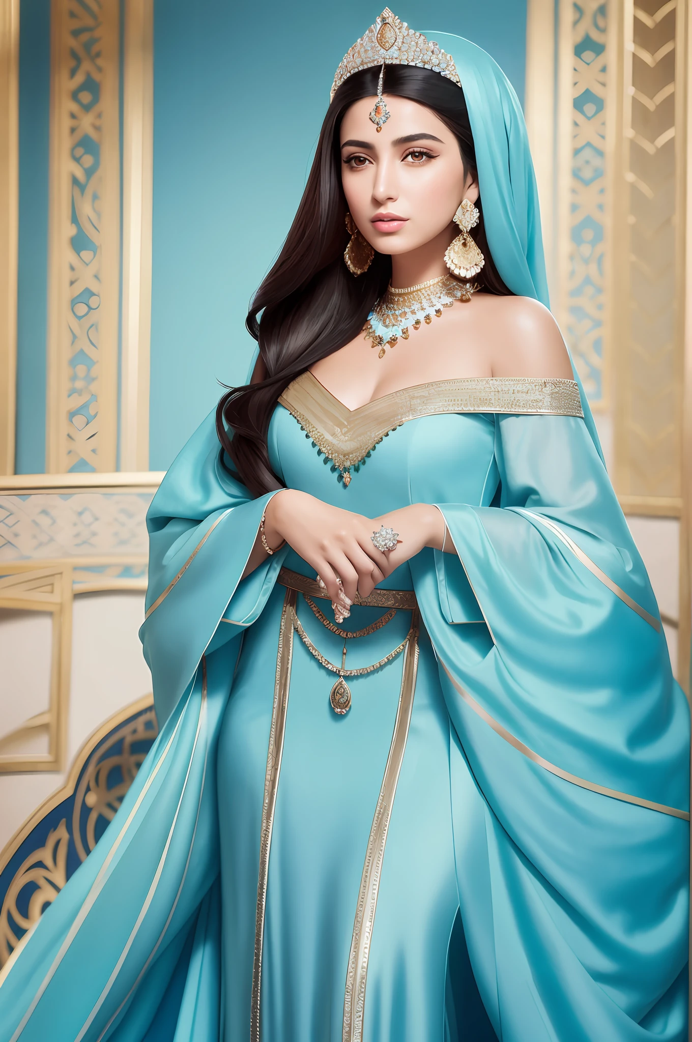 face portrait 1 Persian queen, a beautiful young Jewish woman with a graceful figure, long and well-groomed hair, fair skin and wearing luxurious clothes and jewelry that reflected the fashion and opulence of the Persian court of the time., cyan royal clothing ,off the shoulder, heavy makeups , jewelries,
Photorrealistic, negative space, side view