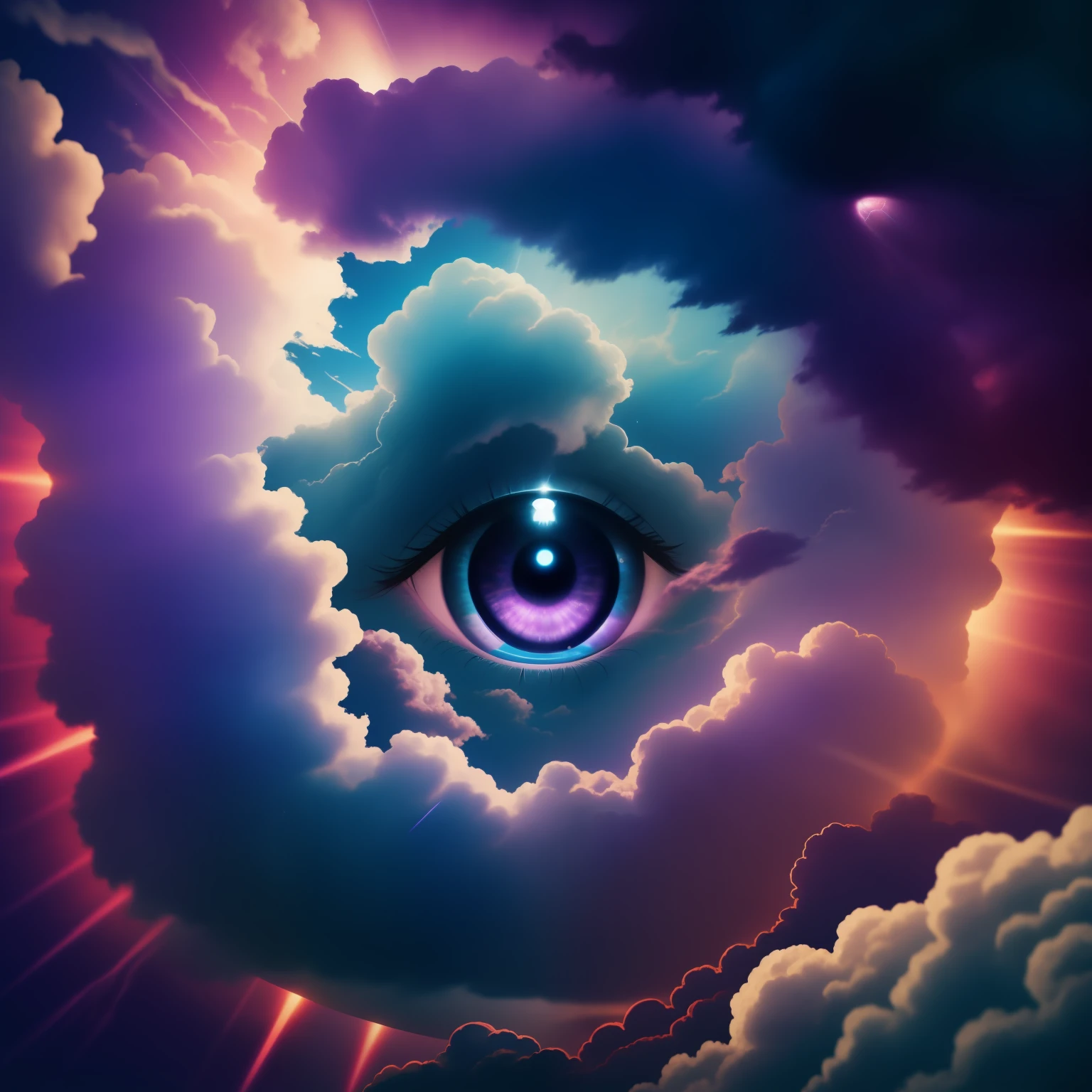 purple and blue eye in the clouds with a bright light, the eye of god, mystic eye, mystical third eye, portrait of a mystical giant eye, the eye of god rah, cloud with eye, gods eye view, the eye of the universe, channeling third eye energy, third - eye visions, eye of the storm, all - seeing eye, third eye