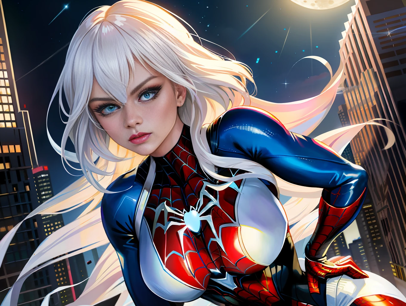 Margot Robbie (Masterpiece, 4k resolution, ultra-realistic, very detailed), (White superhero theme, charismatic, there's a girl at the top of town, wearing Spider-Man costume, she's a superhero), [ (25 years), (long white hair:1.2), full body, (blue eyes:1.2), ((Spider-Man pose),show of strength, jumping from one building to another), ((sandy urban environment):0.8)| (cityscape, at night, dynamic lights), (full moon))] # Explanation: The Prompt mainly describes a 4K painting of ultra-high definition, very realistic, very detailed. It shows a superheroine at the top of the city, wearing a Spider-Man costume. The theme in the painting is a white superhero theme, the female protagonist has long white hair, is 25 years old and her entire body is shown in the painting. In terms of portraying the actions of superheroines, spiders are employed