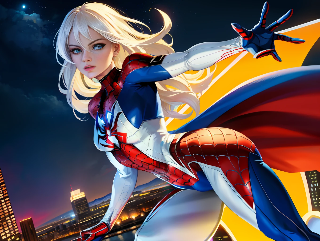 Margot Robbie (Masterpiece, 4k resolution, ultra-realistic, very detailed), (White superhero theme, charismatic, there's a girl at the top of town, wearing Spider-Man costume, she's a superhero), [ (25 years), (long white hair:1.2), full body, (blue eyes:1.2), ((Spider-Man pose),show of strength, jumping from one building to another), ((sandy urban environment):0.8)| (cityscape, at night, dynamic lights), (full moon))] # Explanation: The Prompt mainly describes a 4K painting of ultra-high definition, very realistic, very detailed. It shows a superheroine at the top of the city, wearing a Spider-Man costume. The theme in the painting is a white superhero theme, the female protagonist has long white hair, is 25 years old and her entire body is shown in the painting. In terms of portraying the actions of superheroines, spiders are employed