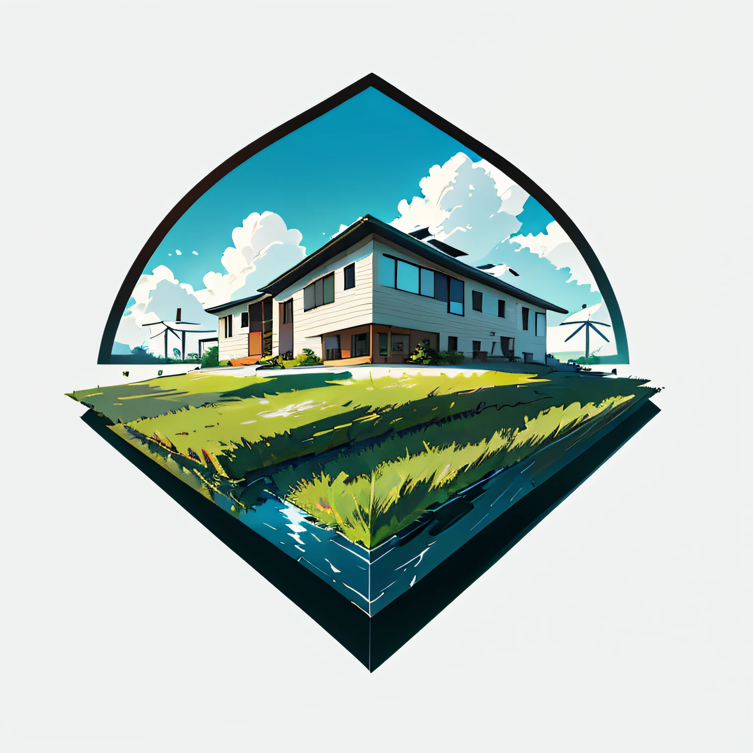 (masterpiece:1.2), best quality, high resolution,logo, minimalistic, green energy, housing, clean water, solar cells, wind energy ,white background,simple background