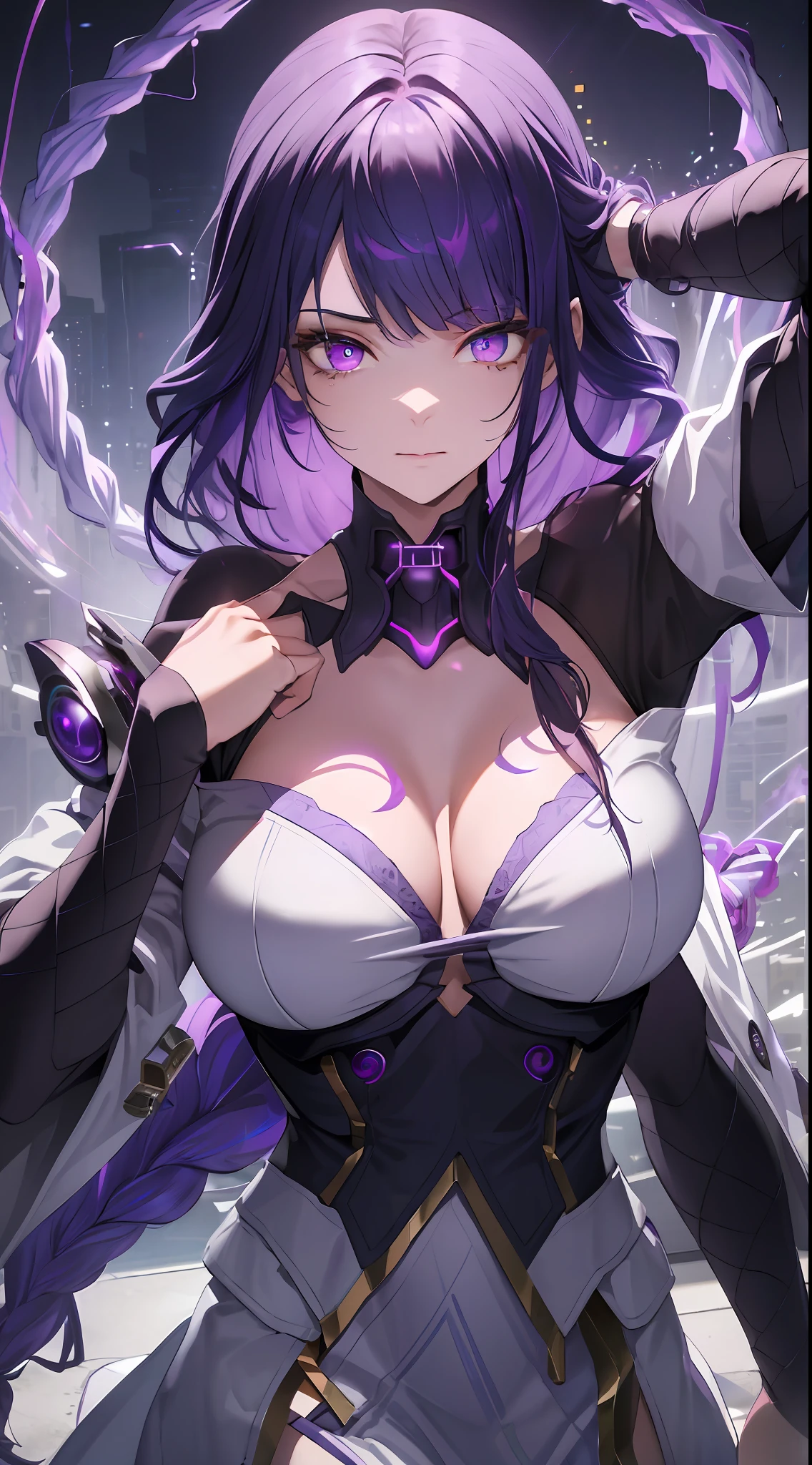 ((masterpiece)),(best purple glowing hair, violet glowing eyes, wavey hair, white shirt, black skirt, android, datastream, cables, wires, charging, digital chains, large breasts, staring at viewer , breasts close up