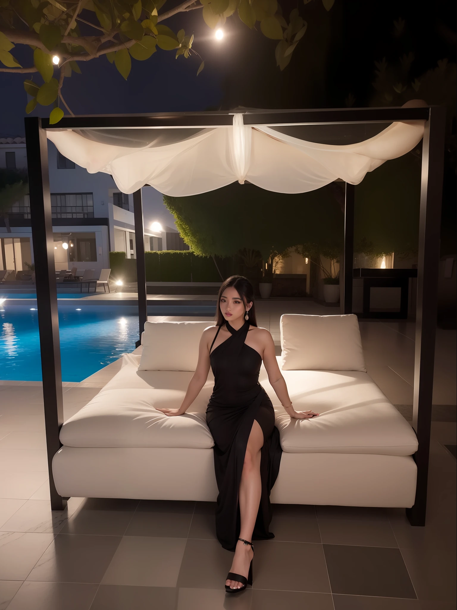 Beautiful girl sit in sofa at pool side , moon light, wearing long black gown,ultra detailed beautiful legs, ultra detailed beautiful toes, ultra detailed beautiful hands, ultra detailed beautiful face, ultra detailed beautiful eyes, beautiful girl, wearing middle high heels
