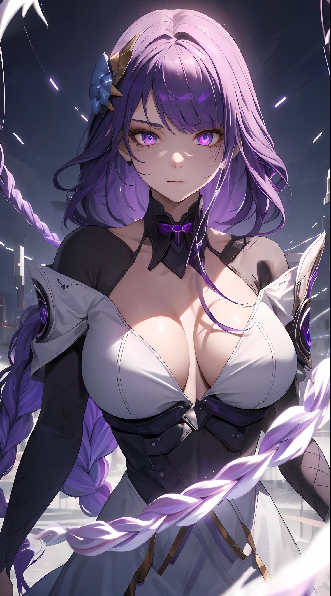 ((masterpiece)),(best purple glowing hair, violet glowing eyes, wavey hair, white shirt, black skirt, android, datastream, cables, wires, charging, digital chains, large breasts, staring at viewer , breasts close up
