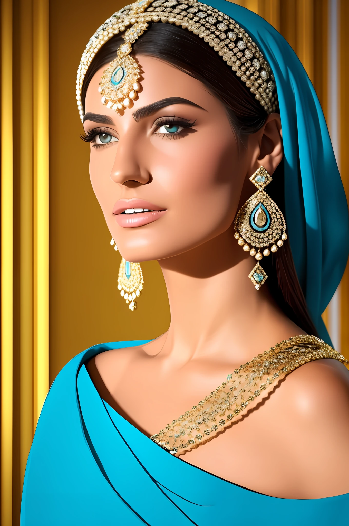 face portrait 1 Persian queen, a beautiful young Jewish woman with a graceful figure, long and well-groomed hair, fair skin and wearing luxurious clothes and jewelry that reflected the fashion and opulence of the Persian court of the time., cyan royal clothing ,off the shoulder, heavy makeups , jewelries,
Photorrealistic, negative space, side view