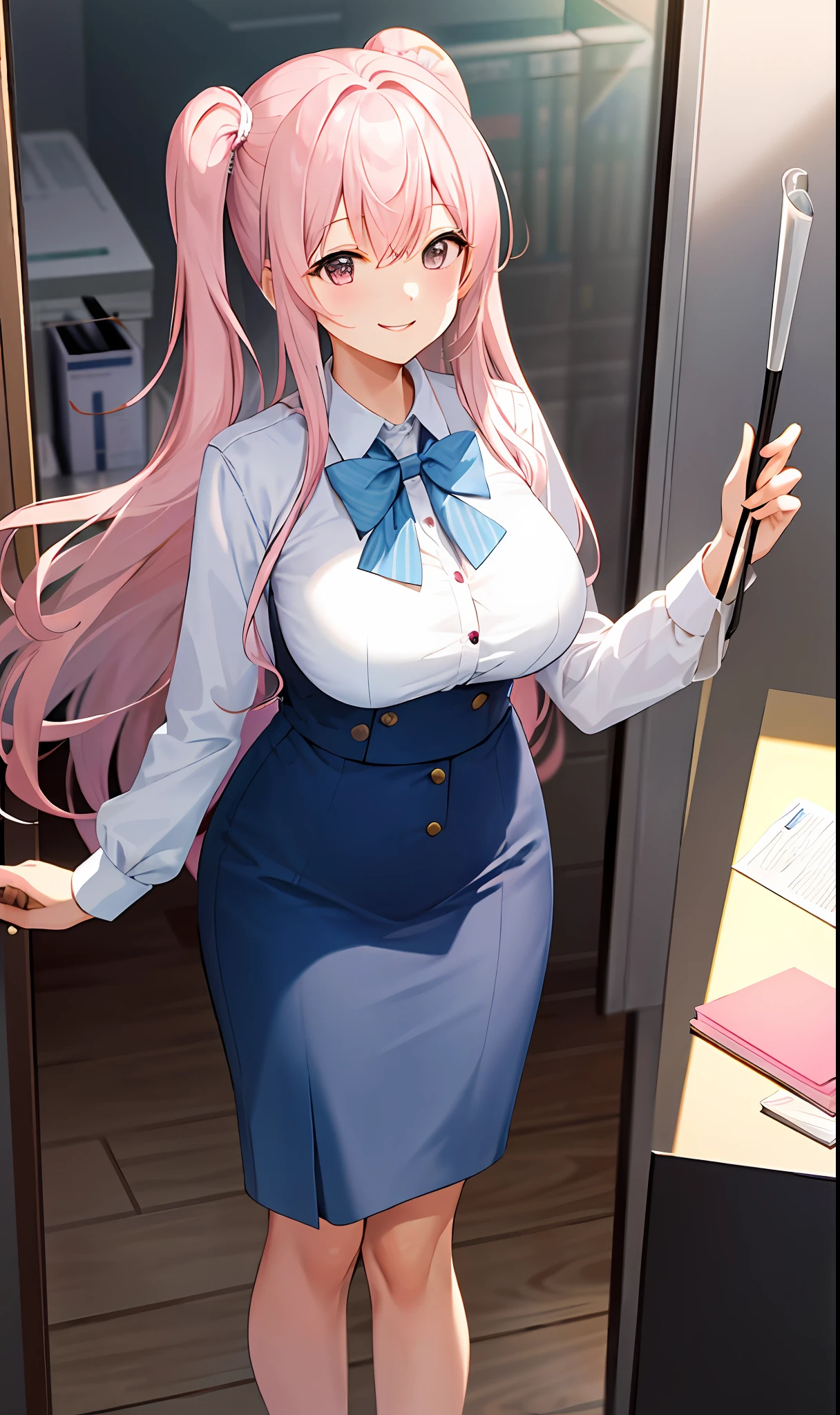 ((masterpiece, best)),(1girl),((mature woman)), light pink hair, dizzy, trumpet, ((office lady)), bangs, mid-chest, (full), slim, smiling, [wide hips] ,office,standing, aru \(blue archive\),