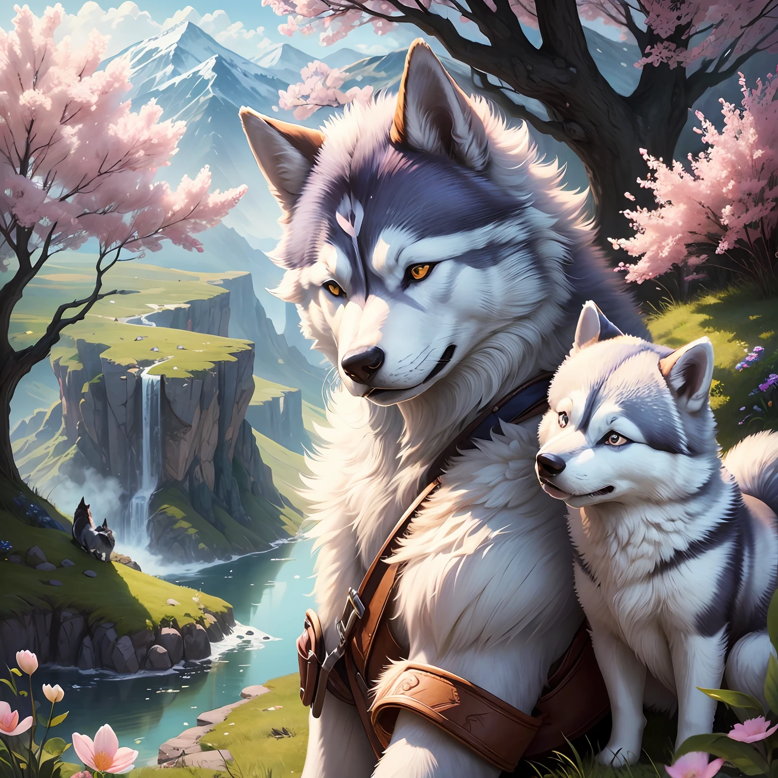 A very charming young boy and his majestic looking husky enjoying a lovely spring outing surrounded by beautiful valley view and nature. The illustration is a high-definition illustration in 4k resolution, featuring highly detailed facial features and cartoon-style visuals. --auto --s2