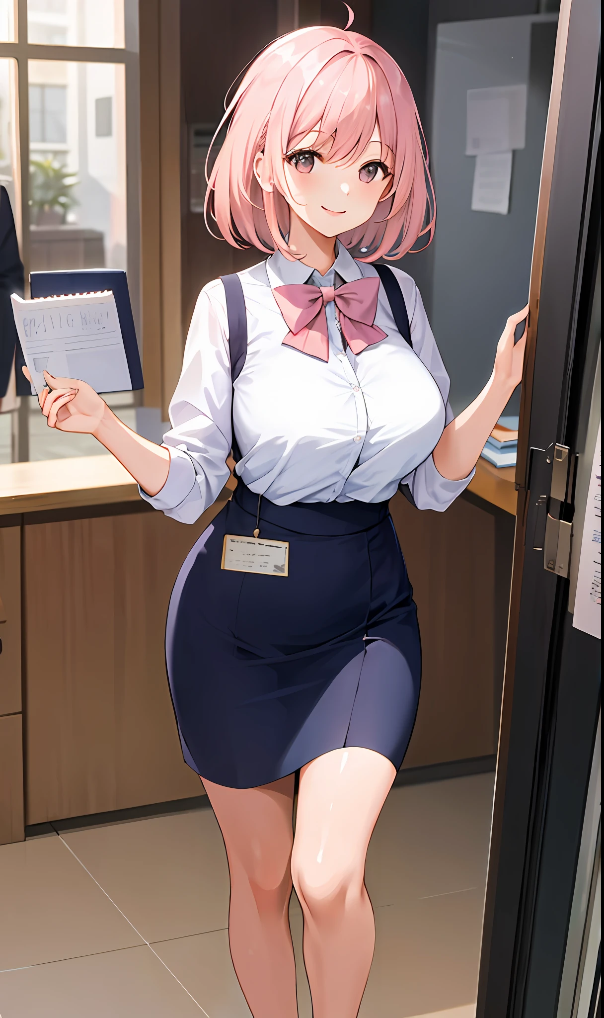 ((masterpiece, best)),(1girl),((mature woman)), light pink hair, dizzy, trumpet, ((office lady)), bangs, mid-chest, (full), slim, smiling, [wide hips] ,office,standing, aru \(blue archive\),