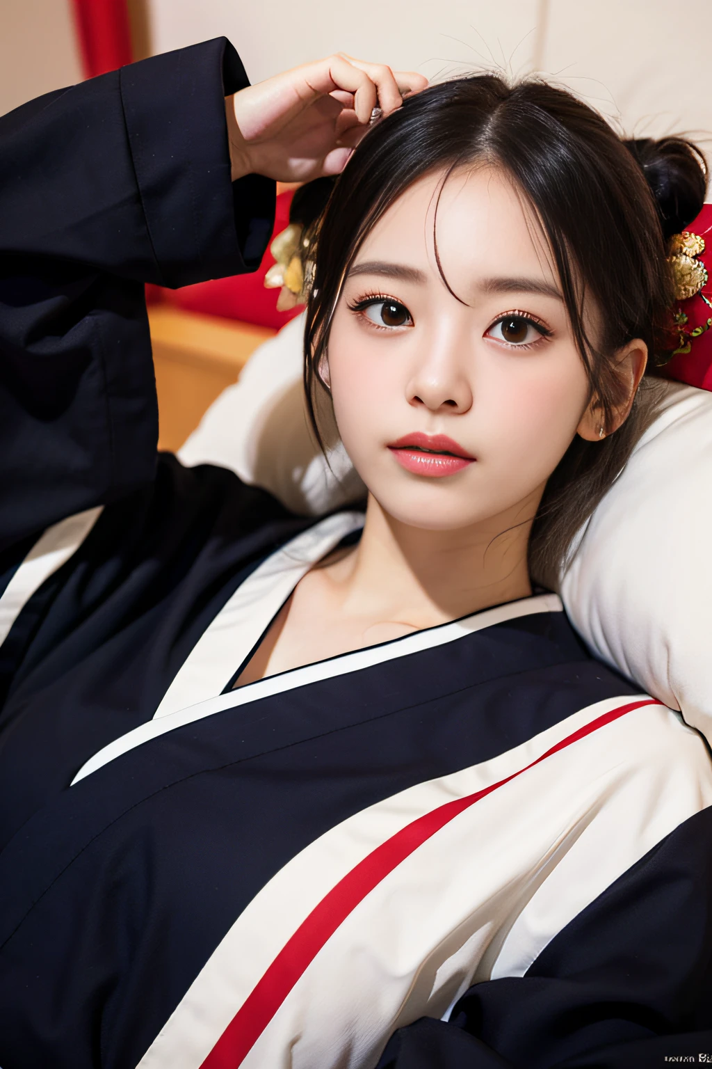 Close up portrait of a woman lying on a futon, (8k, RAW photo, top quality, masterpiece: 1.2), ultra detail, ultra high resolution, (realistic, realistic photo: 1.37), portrait, high definition RAW color photo, professional photo, very delicate and beautiful, very detailed 8k wallpaper, amazing, detail, huge file size, official art, highly detailed CG Unity 8k wallpaper, very detailed beautiful girl , Very detailed face, very detailed eyes, very detailed skin, very detailed fingers, very detailed nose, very detailed mouth, perfect anatomy, very detailed background, very detailed clothes, 1 girl, (long black hair), hair bunches, (18 years old: 1.2), beautiful woman, realistic body, petite, fair skin, shiny skin, slender figure, good figure, shiny black hair, embarrassed look, cute, young, cute face, realistic face, beautiful detailed eyes, long eyes, blushing cheeks, (traditional Japan kimono: 1.4), contrapposto, indoor, (day: 1.4), japanese style, dynamic lighting, japanese room, on futon