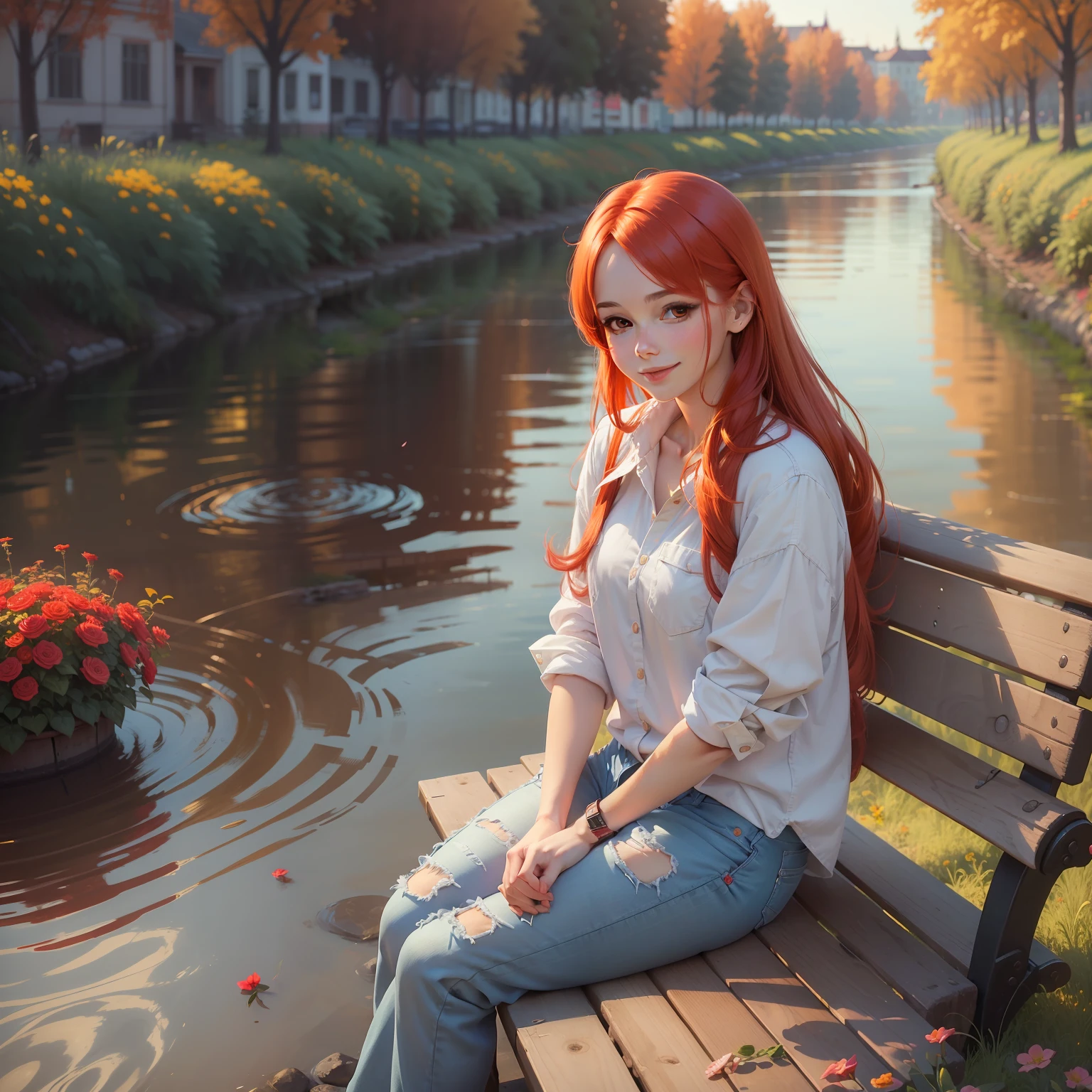digital art, (girl, red_hair, flowers, baggy jeans, white shirt, discreet smile, cute look), (sitting on a bench, river in the background, golden hour),, by Daniil Suponitskiy jpegman