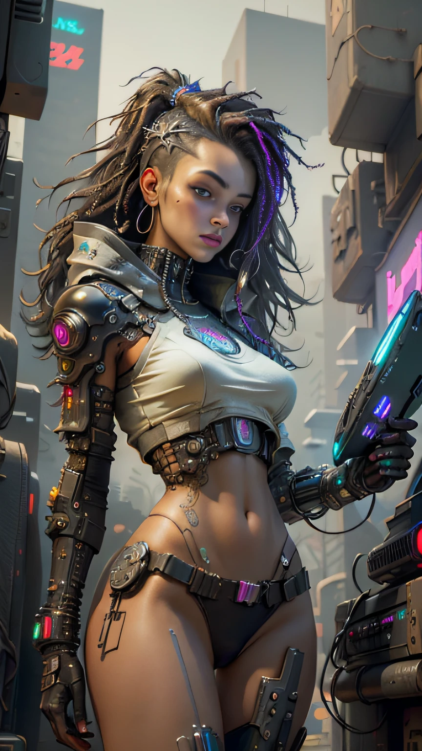 ((Best quality)), ((masterpiece)), (highly detailed:1.3), 3D, beautiful (cyberpunk:1.3) hacker black woman with thick voluminous hair operating a computer terminal