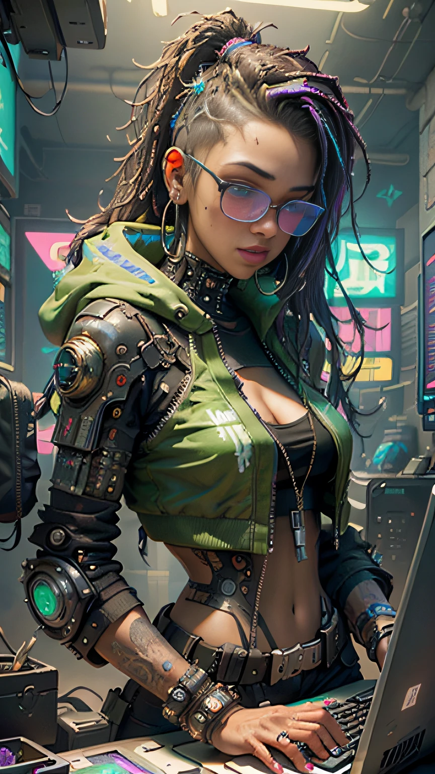 ((Best quality)), ((masterpiece)), (highly detailed:1.3), 3D, beautiful (cyberpunk:1.3) hacker black woman with thick voluminous hair operating a computer terminal