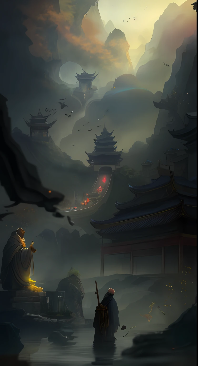 there are many people walking in the fog in front of a building, moody misty fantasy art, cyberpunk chinese ancient castle, matte painting in fantasy style, mist, dreamy chinese town, dreamlike digital painting, by Li Tiefu, matte digital painting, atmospheric. digital painting, soft focus matte painting, matte painting of steam machines, mysterious temple settingmasterpiece, best quality, Chinese Saints, Confusiu, Lao Tzu, budista, long beard, chinese old master walking down, long gown, Taoist robe, drape, monks, listening, polite, assemble, phylosofy, philosophy, bow, dangling sleeves, uncle with long beard, outdoors, bridge, bridge crosser, occult, Baroque, kim keever, oil painting, castle, fantasy, tower, cliff, cloud, sky, rock, smoke, mountain, gate, shrine, rope, solo,  landscape, nature, day, silhouette, floating island, bird, rooftop, ruins, arch, cloudy sky, wall, forest, cave, sunlight, stone, steam, light rays, window, molten rock, In the distance pagodas, many temples