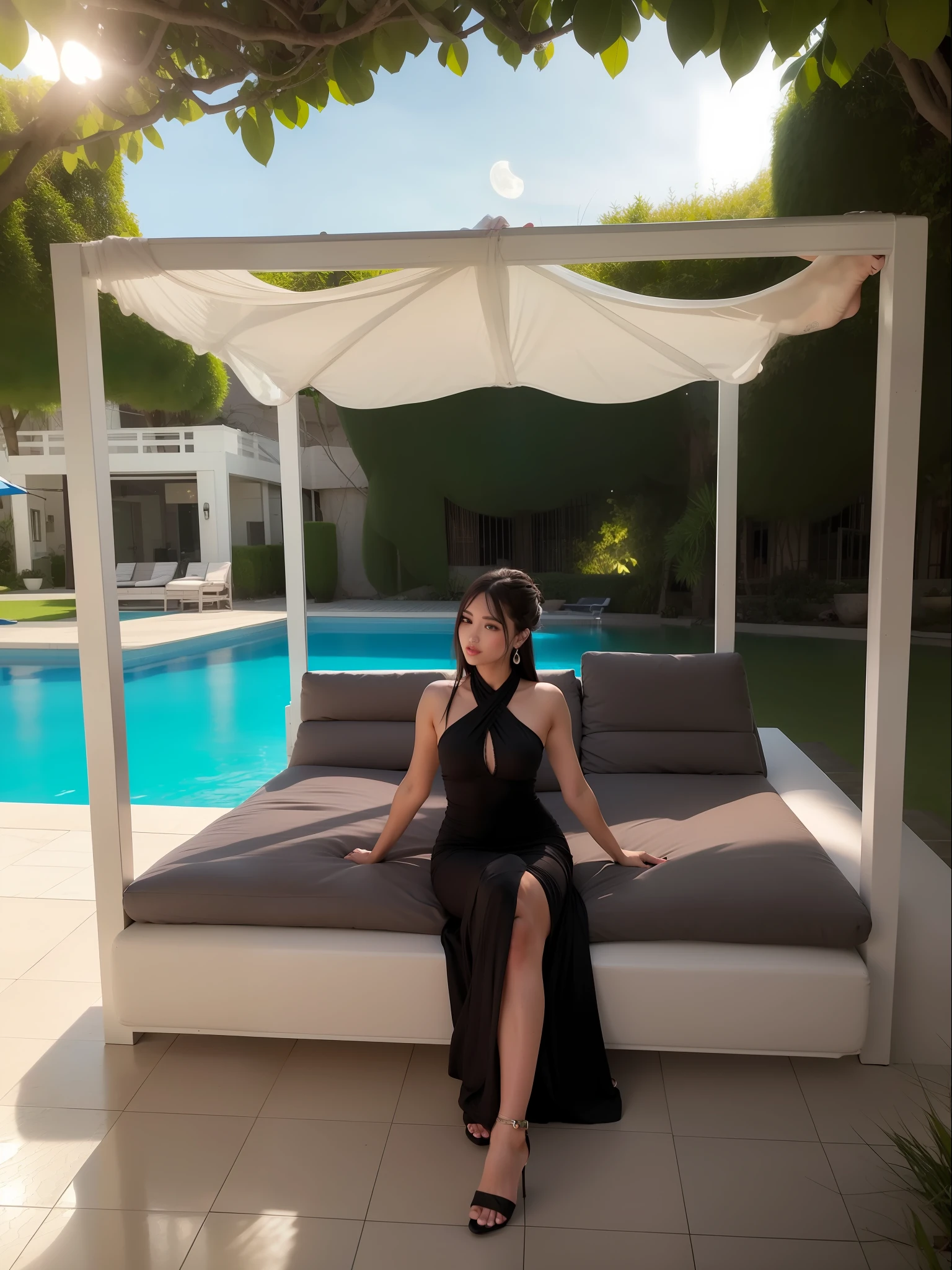 Beautiful girl sit in sofa at pool side, smart girl, moon light, wearing long black gown,ultra detailed beautiful legs, ultra detailed beautiful toes, ultra detailed beautiful hands, ultra detailed beautiful face with side view, ultra detailed beautiful eyes, beautiful girl, wearing middle high heels
