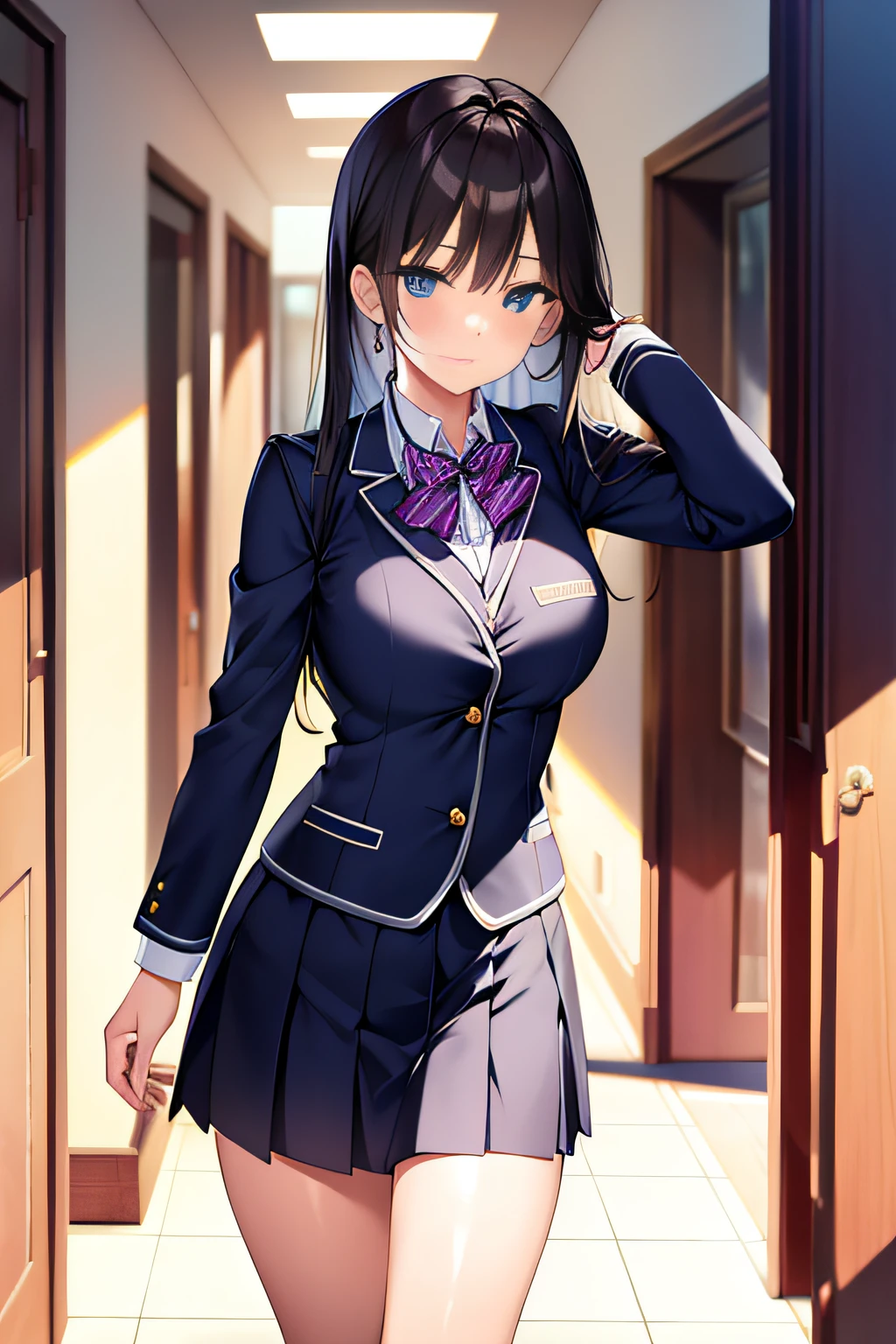 masterpiece, super detailed, best quality, beautiful girl, school uniform, doggy style, corridor, troubled face