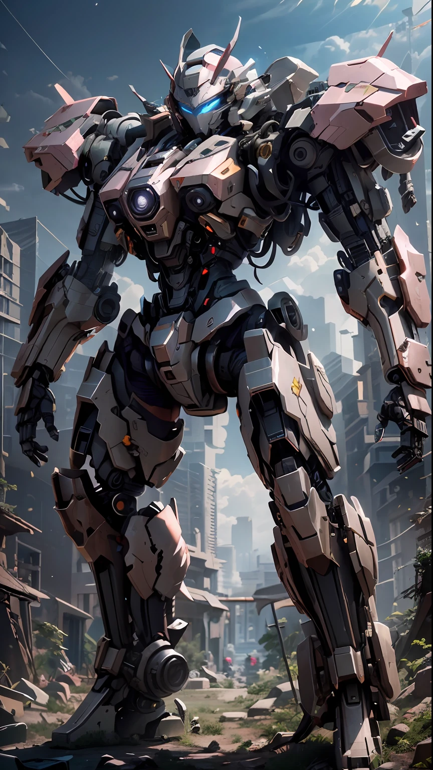 ((Best Quality)), ((Masterpiece)), (Very Detailed:1.3), 3D, Shitu-mecha, Beautiful cyberpunk woman with her pink mech in the ruins of a city in the forgotten war, Ancient technology, HDR (High Dynamic Range), ray tracing, NVIDIA RTX, super resolution, unreal 5, subsurface scattering, PBR texture, post-processing, anisotropic filtering, depth of field, maximum sharpness and sharpness, multi-layer texture, albedo and highlight maps, surface shading, Accurate simulation of light-material interactions, perfect proportions, octane rendering, duotone lighting, low ISO, white balance, rule of thirds, wide aperture, 8K RAW, efficient sub-pixels, subpixel convolution, luminescent particles, light scattering, Tyndall effect