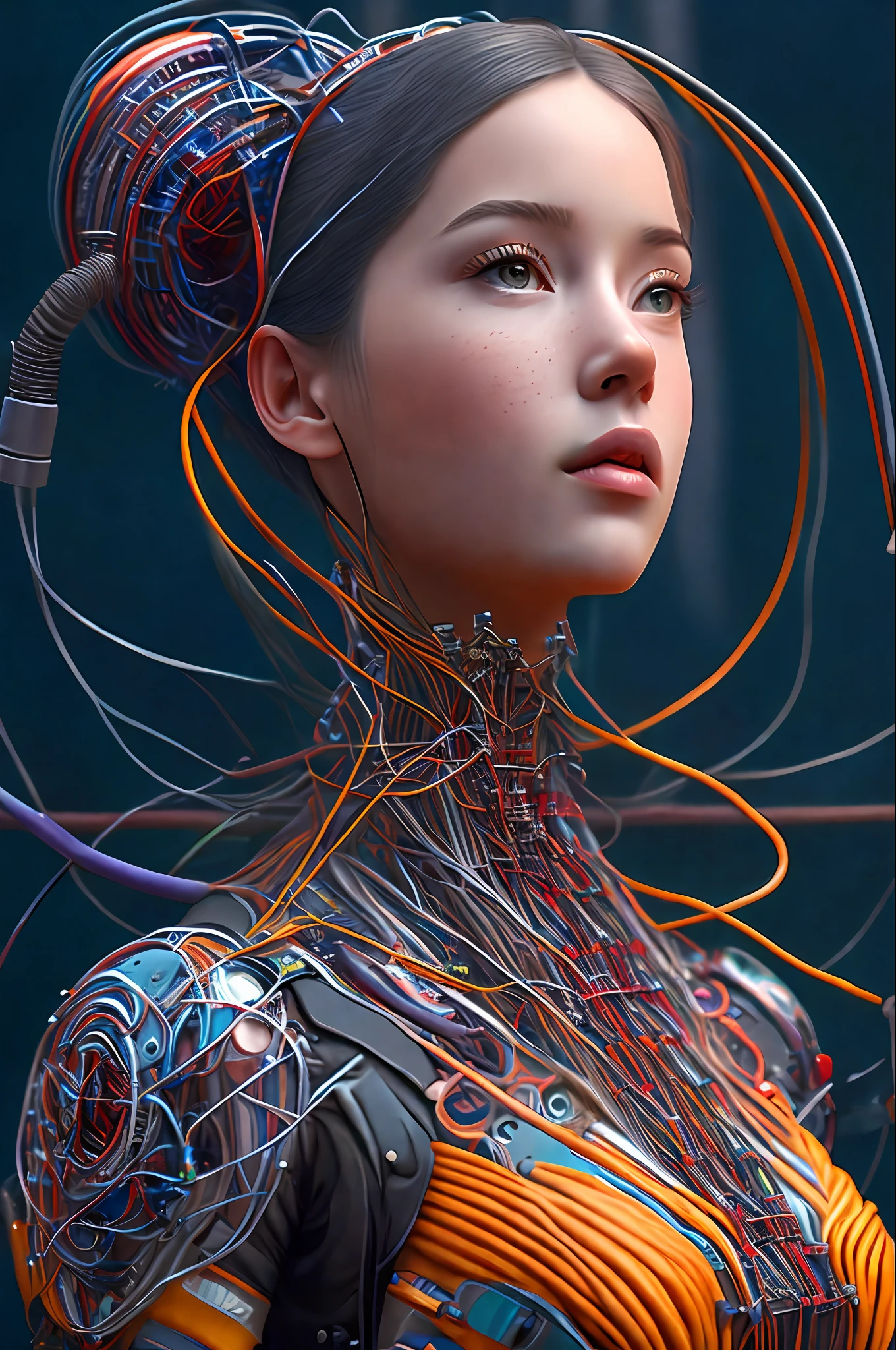 (((masterpiece))), (((best quality))), ((ultra-detailed)), (highly detailed CG illustration), ((an extremely delicate and beautiful)),(from side),cinematic light,((1mechanical girl)),solo,full body,(machine made joints:1.2),((machanical limbs)),(blood vessels connected to tubes),(mechanical vertebra attaching to back),((mechanical cervial attaching to neck)),(sitting),expressionless,(wires and cables attaching to neck:1.2),(wires and cables on head:1.2)(character focus),science fiction,extreme detailed,colorful,highest detailed