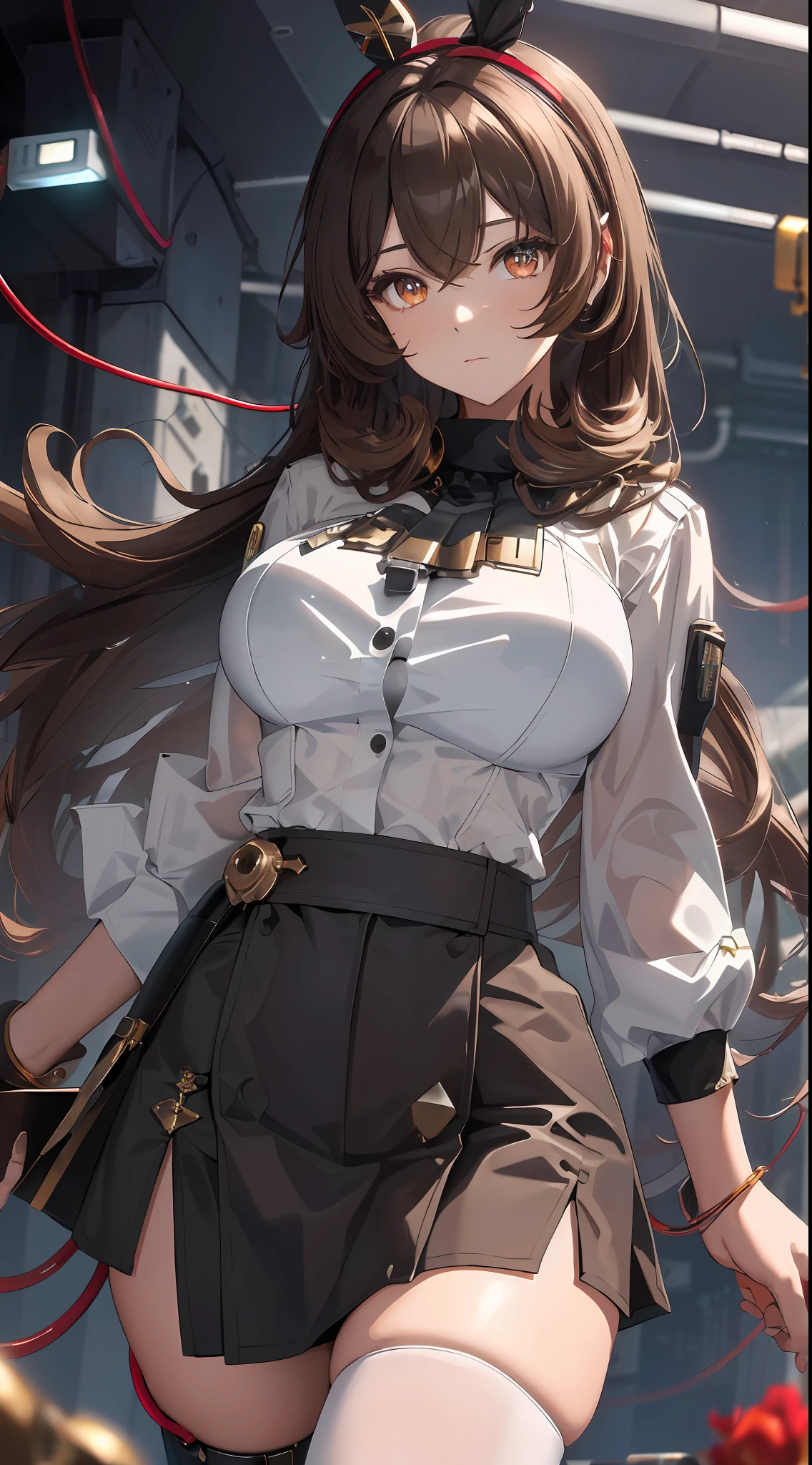 ((masterpiece)),(best brown glowing hair, honey glowing eyes, wavey hair, white shirt, black skirt, android, datastream, cables, wires, charging, digital chains, large breasts, staring at viewer , breasts close up, long hair