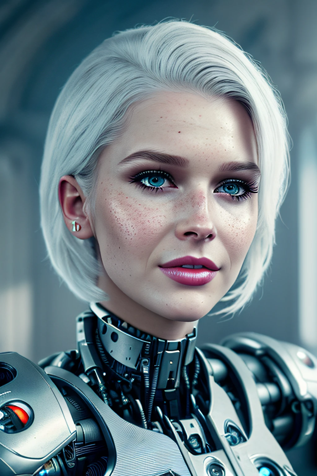 a beautiful cute Renee Olstead (cyborg:1.2) with white hair, (((photo realistic))), 4k, hdr, intricate, octane render, ((volumetric lighting)), sharp focus, vignette, trending on artstation, cgsociety