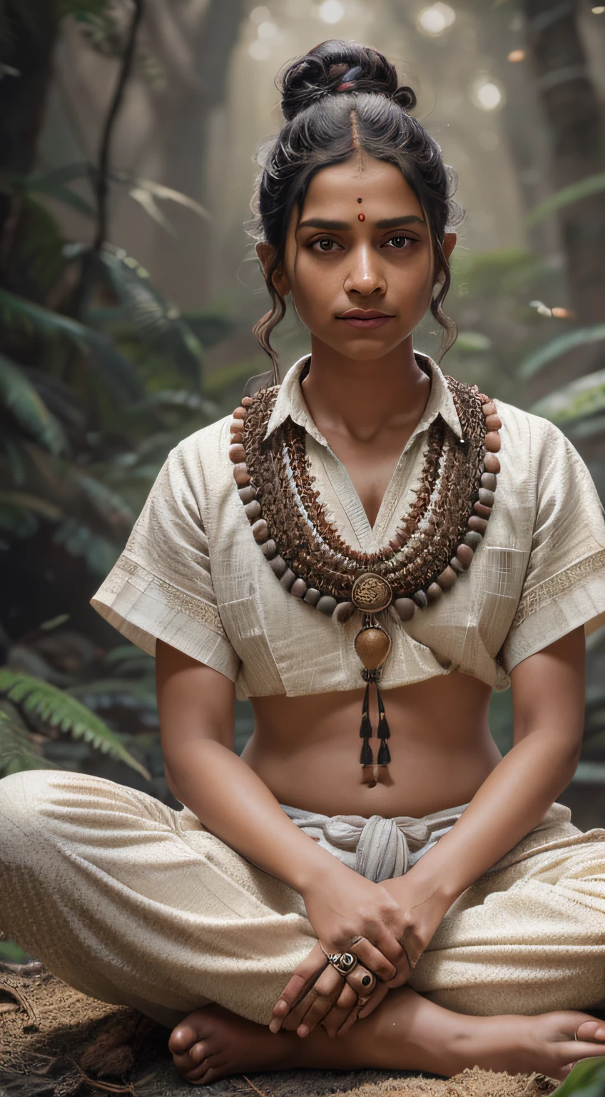 Photo portrait of abhinavagupta sitting in meditation, male, black haired man with bun on top of head with rudraksha seeds, beard and mustache, natural skin texture, 24mm, 4k textures, soft cinematic light, adobe lightroom, photolab, (detailed eyes: 1.1), best quality, illustration, (detailed lighting: 1.2), (beautiful detailed brightness: 1.3), white Indian shirt and pants, Intricate, digital painting, smooth, sharp focus, realistic epic, (HDR:1.4), (muted colors:1.4), neutral colors, night, refractions of screen space, (intricate details, hyperdetailed:1.3), cinematic photo, vignette, background in a forest