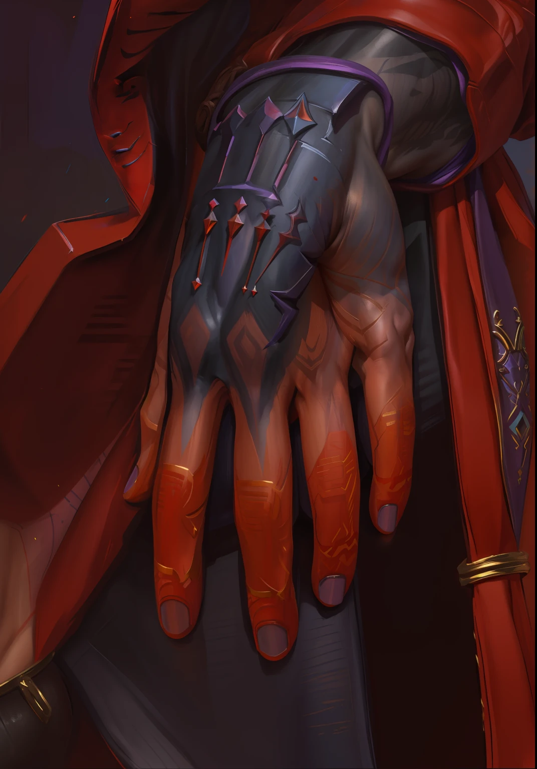 (((Masterpiece))), (((Best Quality: 1.4))), ((Super Detail: 1.4)) , hyper detailed gouache painting of warrior Tiefling male hand:1.5, masculine hand, hyper realistic body features, natural purple skintone:1.5, hyper detailed muscles, detailed textures, scars:1.5, tattoos, natural skin shader, ultra High resolution, exact anathomy, symmetry, glossy overlay