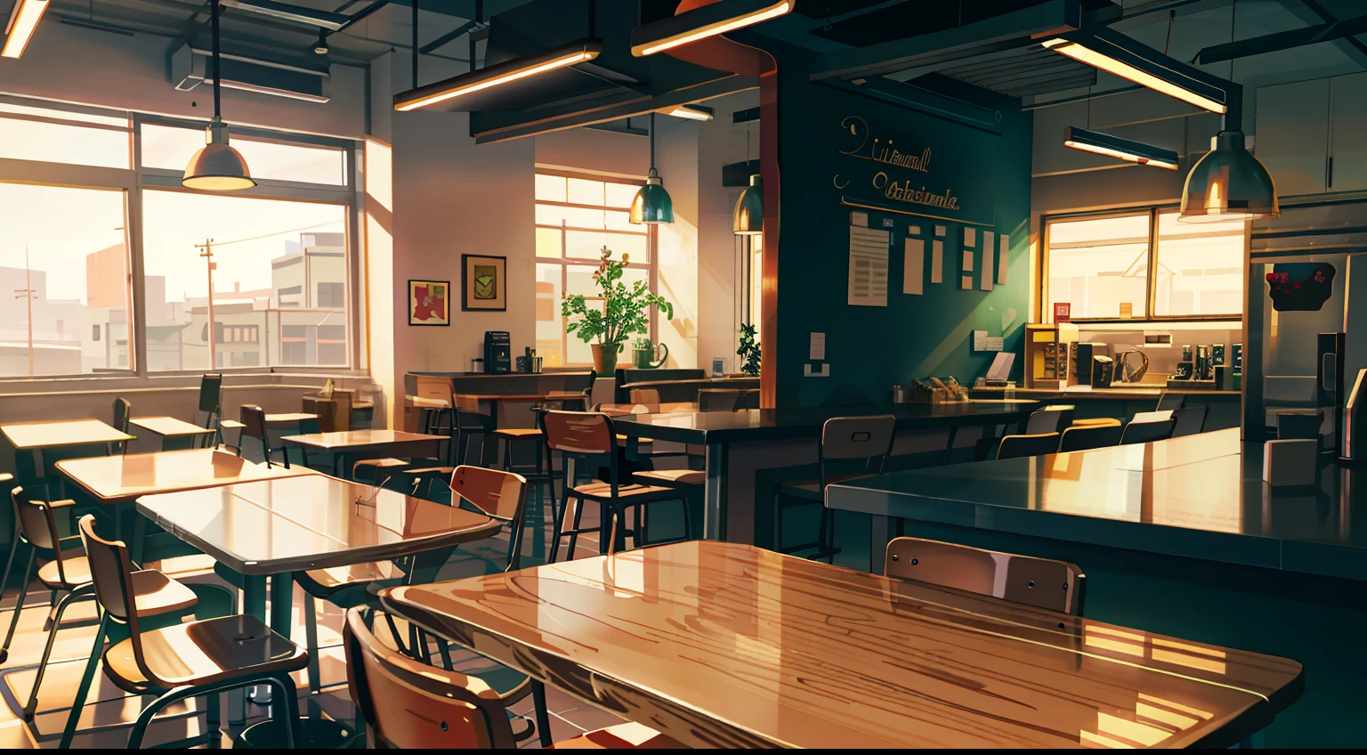 cafeteria, table, counter, lights masterpieces, HD, high quality, best quality, highres, high quality, high details, masterpiece, anime style, anime