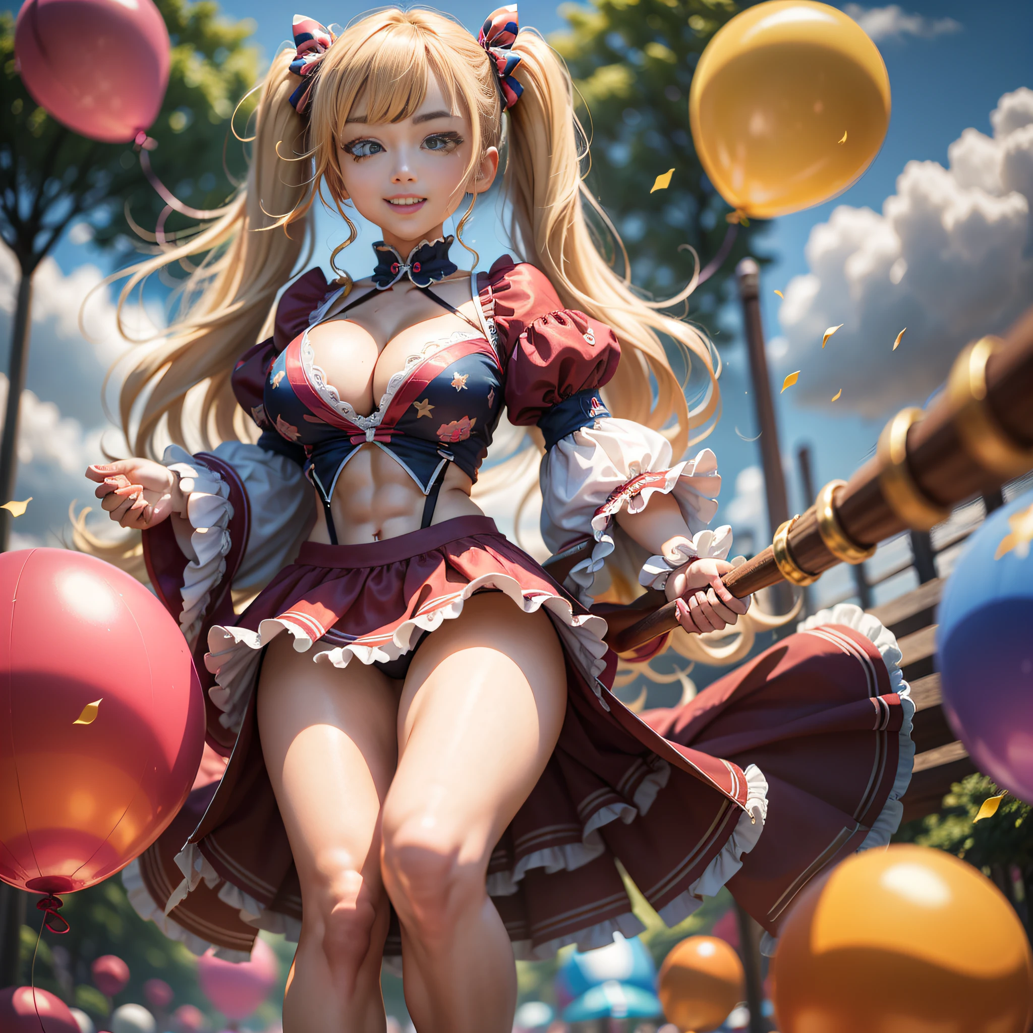 ((top quality, 8k, masterpiece: 1.3)), 1 woman, full body, smiling beautiful girl with many balloons floating in the air, (blonde, twin tails) (big: 1.3, cleavage), cut abs, revealing, colorful clown outfit, ultra detailed face, (detailed eyes, double eyelids, color contacts, eye catch, catch light, long eyelashes), Summarex 85 mm, f / 1.4, ISO 100, Ueno Park,