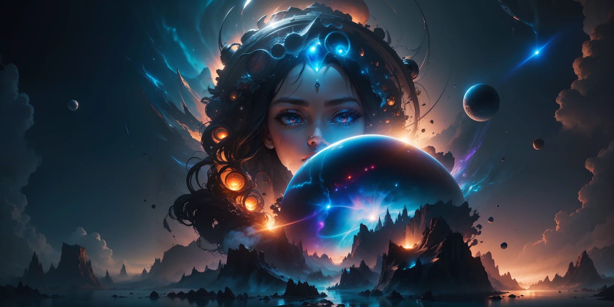 sidereal, black hole, cosmic jets, quasar, landscape, space, water mirrors, ((masterpiece, ultra detailed)), concept art, illustration, digital art, bloom, bright, high intensity lighting, backlight, cinematic lighting, soft lighting, natural lighting, dramatic lighting, dark lighting, intricate, highly detailed, hyper realistic, trend in artstation, award-winning, fascinating, elegant, RAW photo, absurdres, highres, 4k, studio quality, octane render, 8k uhd, wallpaper, female face.